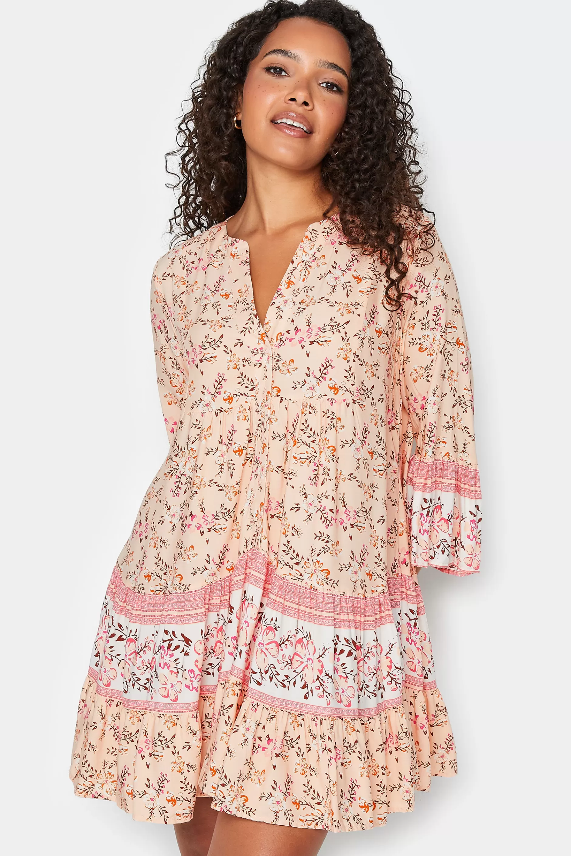 Women M&Co Shirt Dresses> Womens Orange Floral Print Tiered Swing Dress