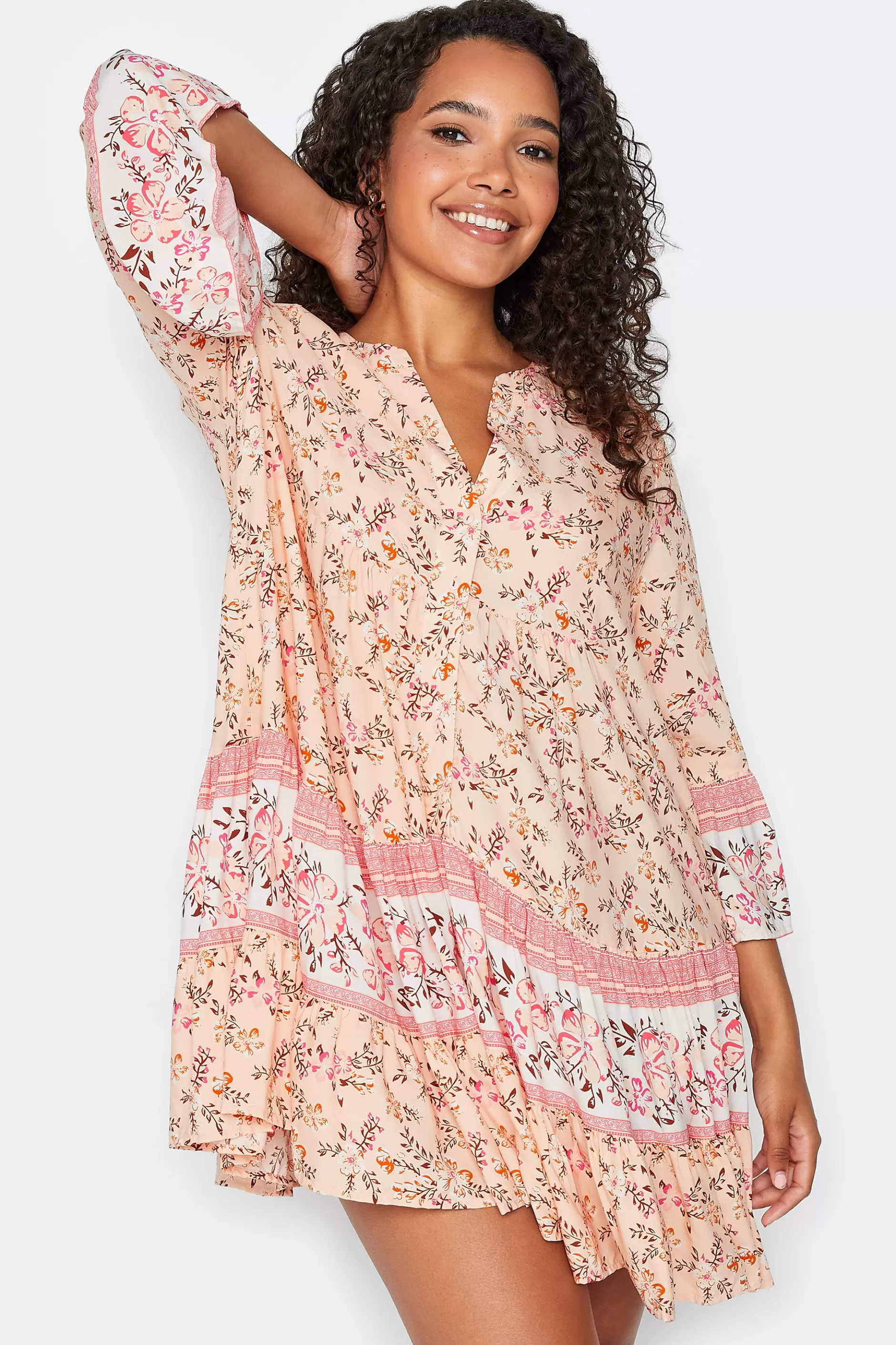 Women M&Co Shirt Dresses> Womens Orange Floral Print Tiered Swing Dress