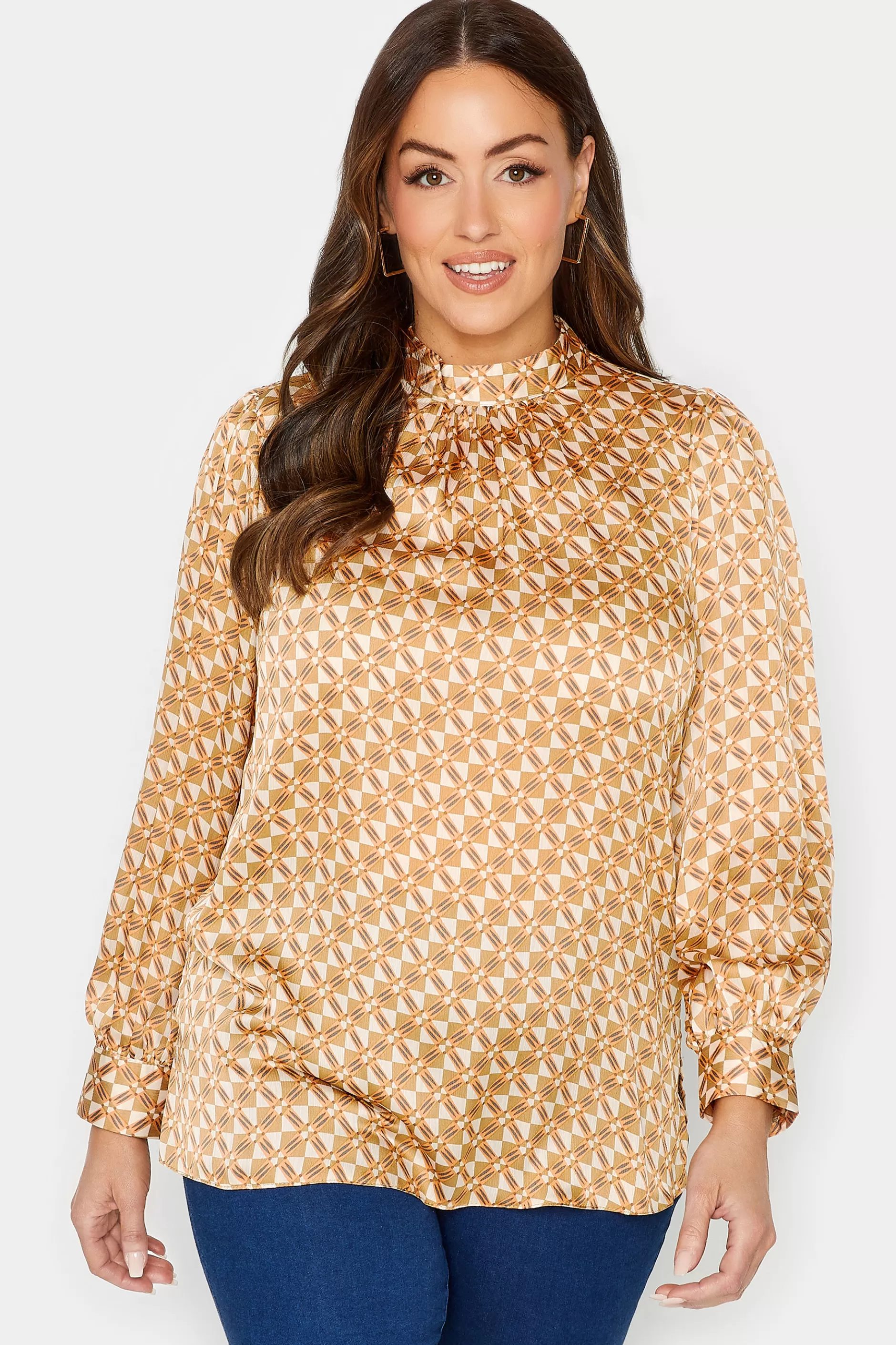 Women M&Co Long Sleeve Tops> Womens Orange Geometric Print High Neck Satin Blouse