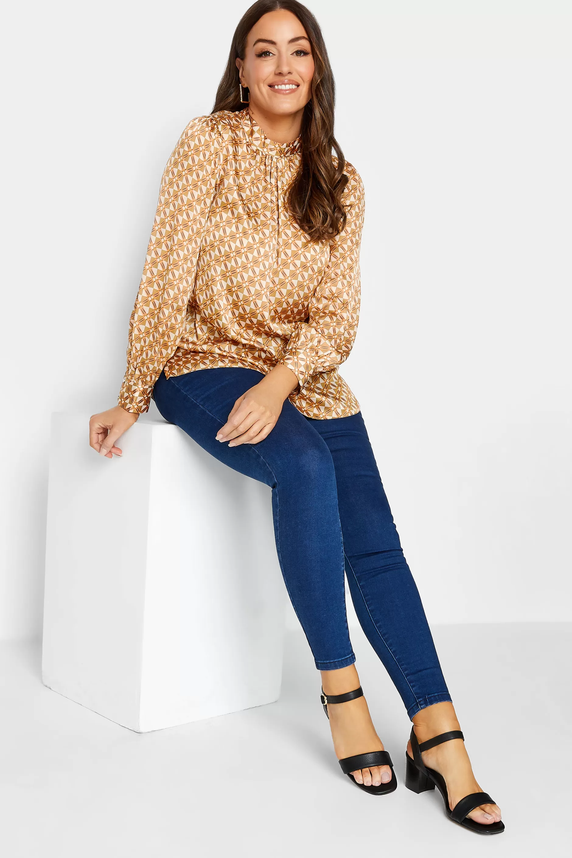 Women M&Co Long Sleeve Tops> Womens Orange Geometric Print High Neck Satin Blouse