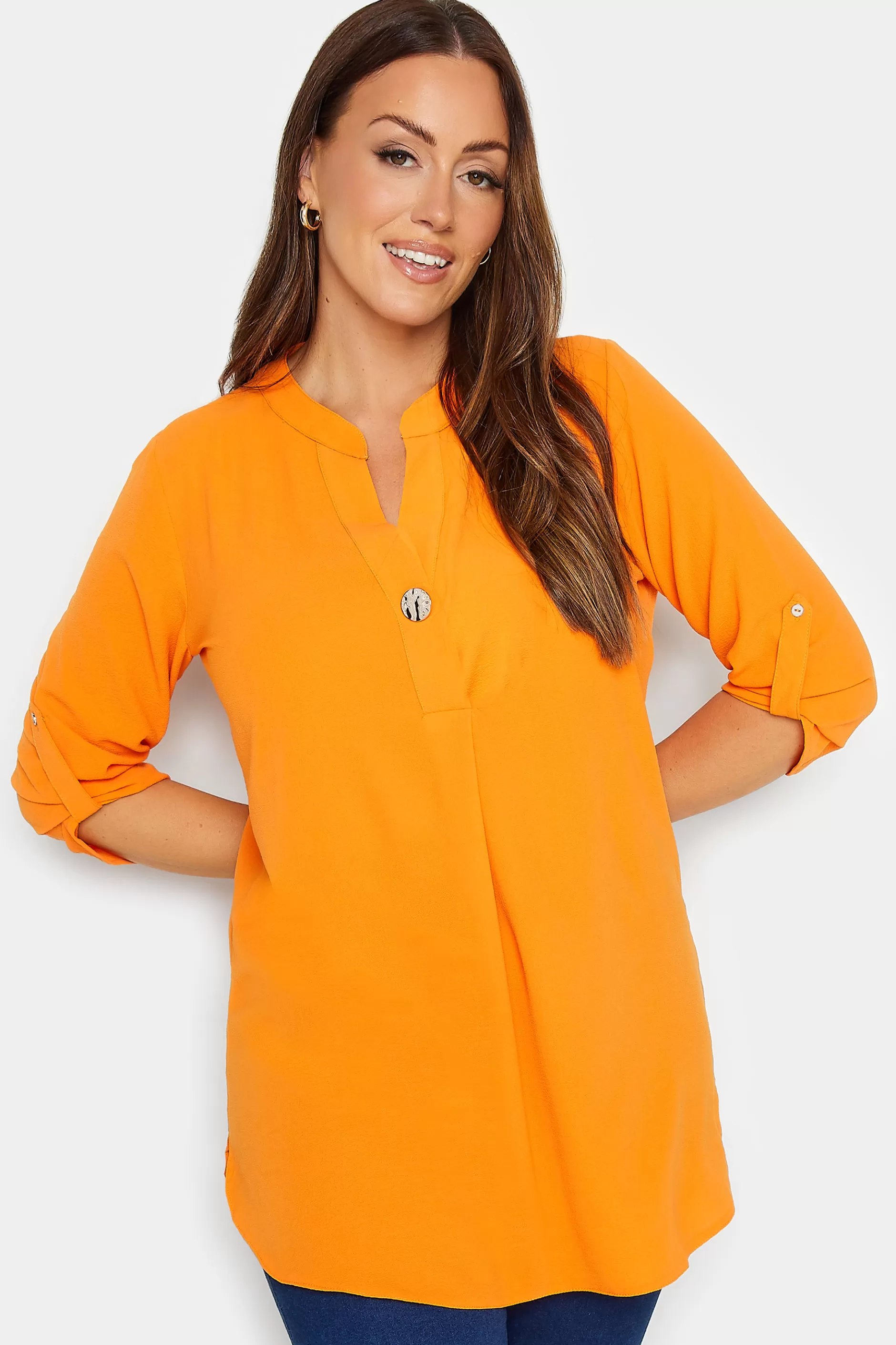 Women M&Co Shirts> Womens Orange Statement Button Tab Sleeve Shirt