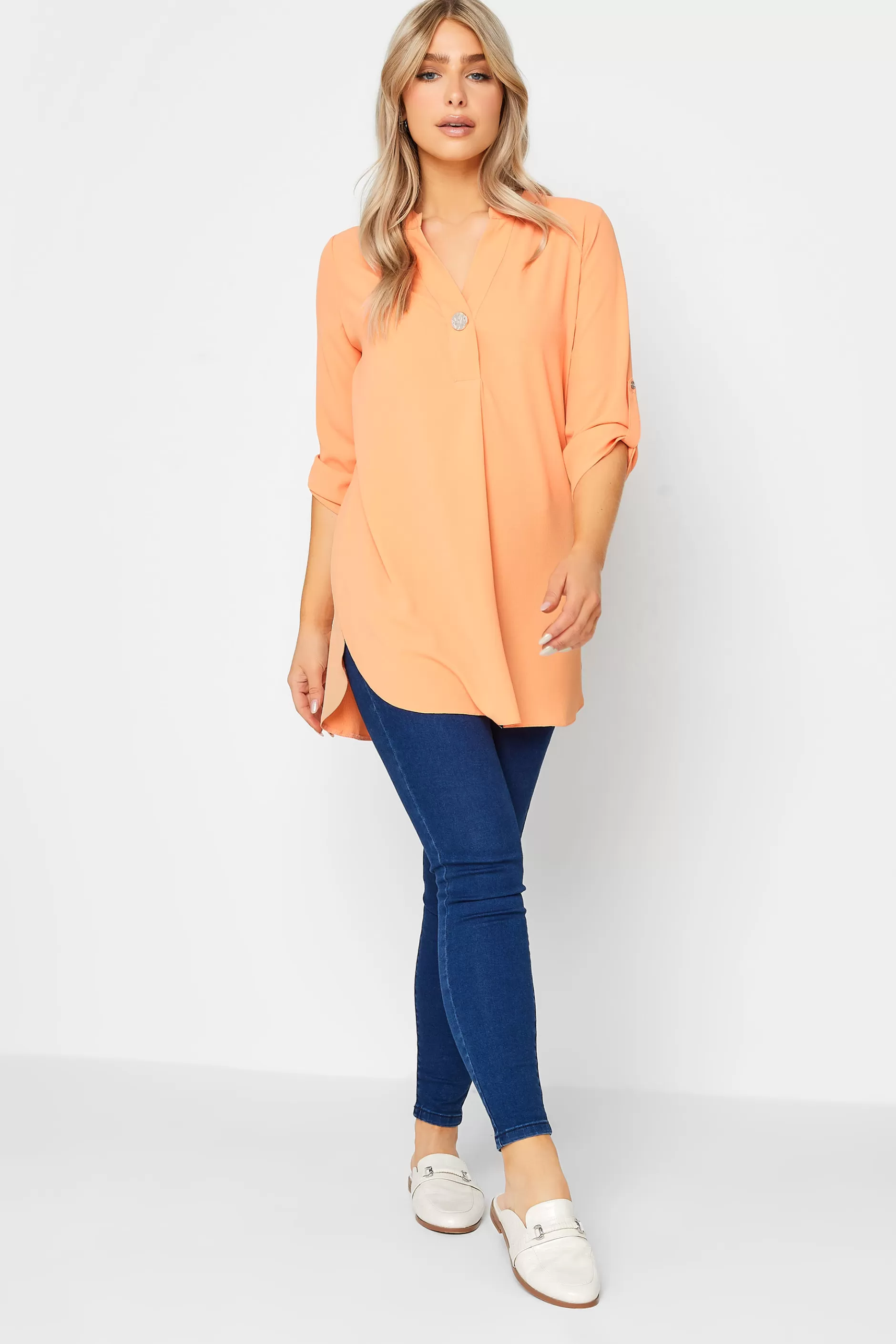 Women M&Co Shirts> Womens Orange Statement Button Tab Sleeve Shirt
