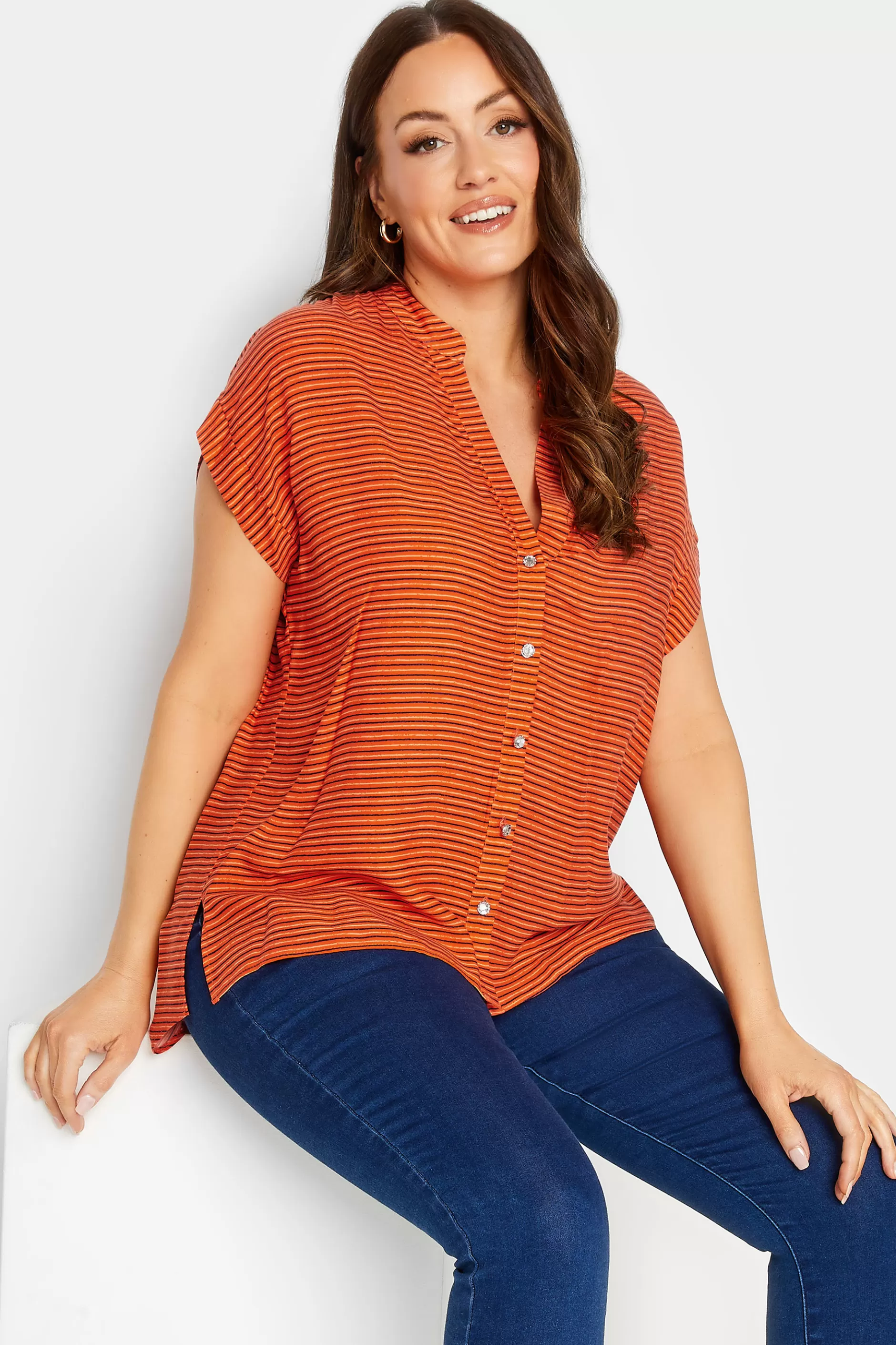 Women M&Co Short Sleeve Tops> Womens Orange Stripe Grown On Sleeve Top
