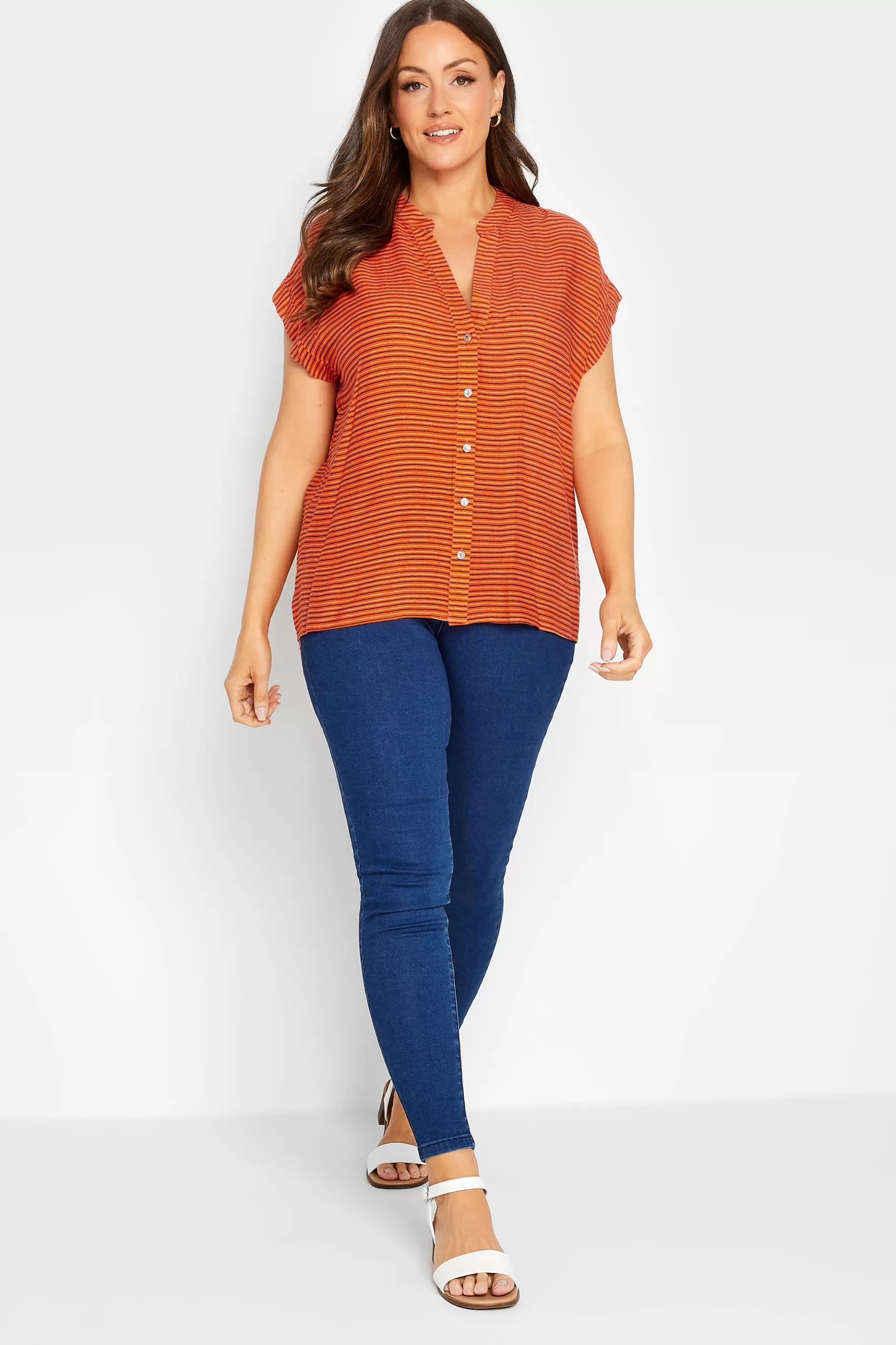 Women M&Co Short Sleeve Tops> Womens Orange Stripe Grown On Sleeve Top