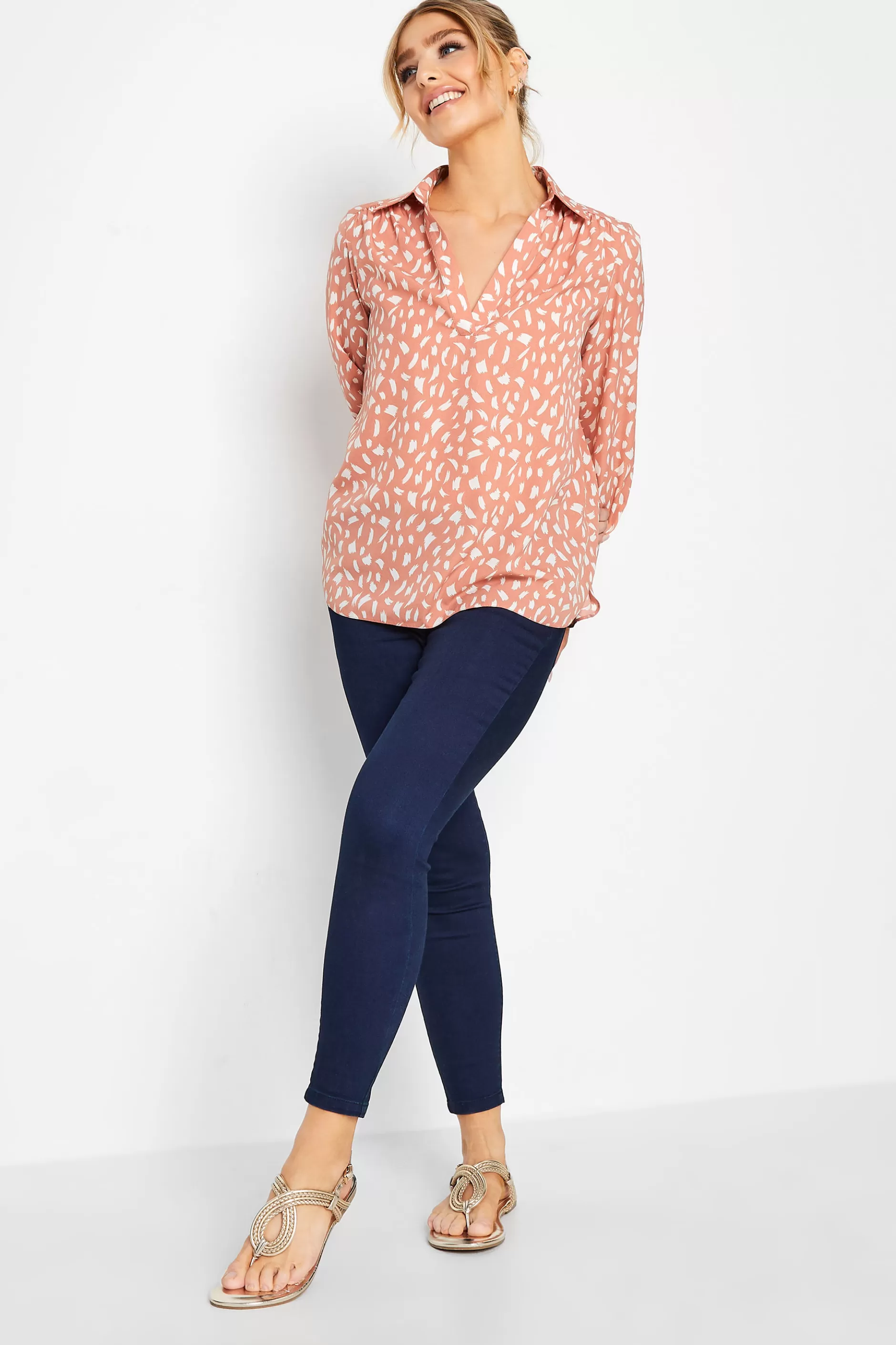 Women M&Co Shirts> Womens Pink Brush Stroke Print Half Placket Shirt