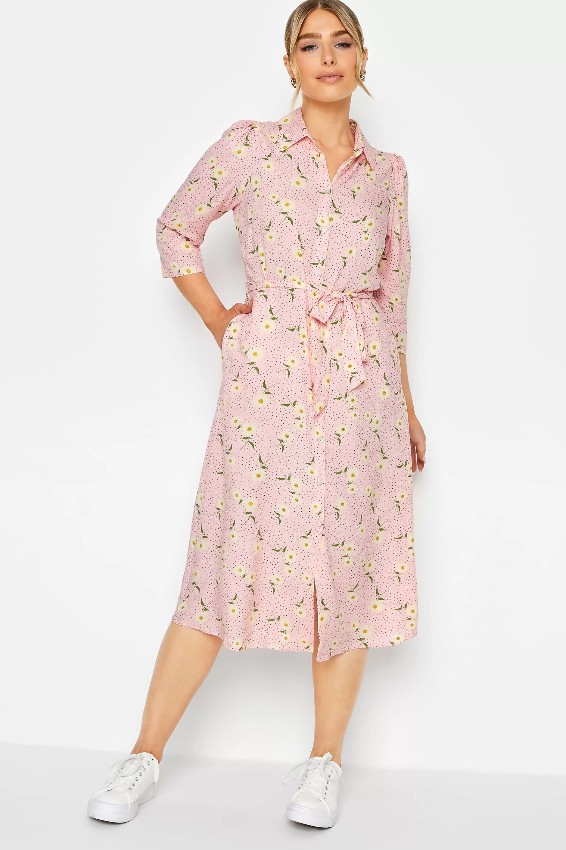 Women M&Co Shirt Dresses> Womens Pink Ditsy Floral Midi Shirt Dress