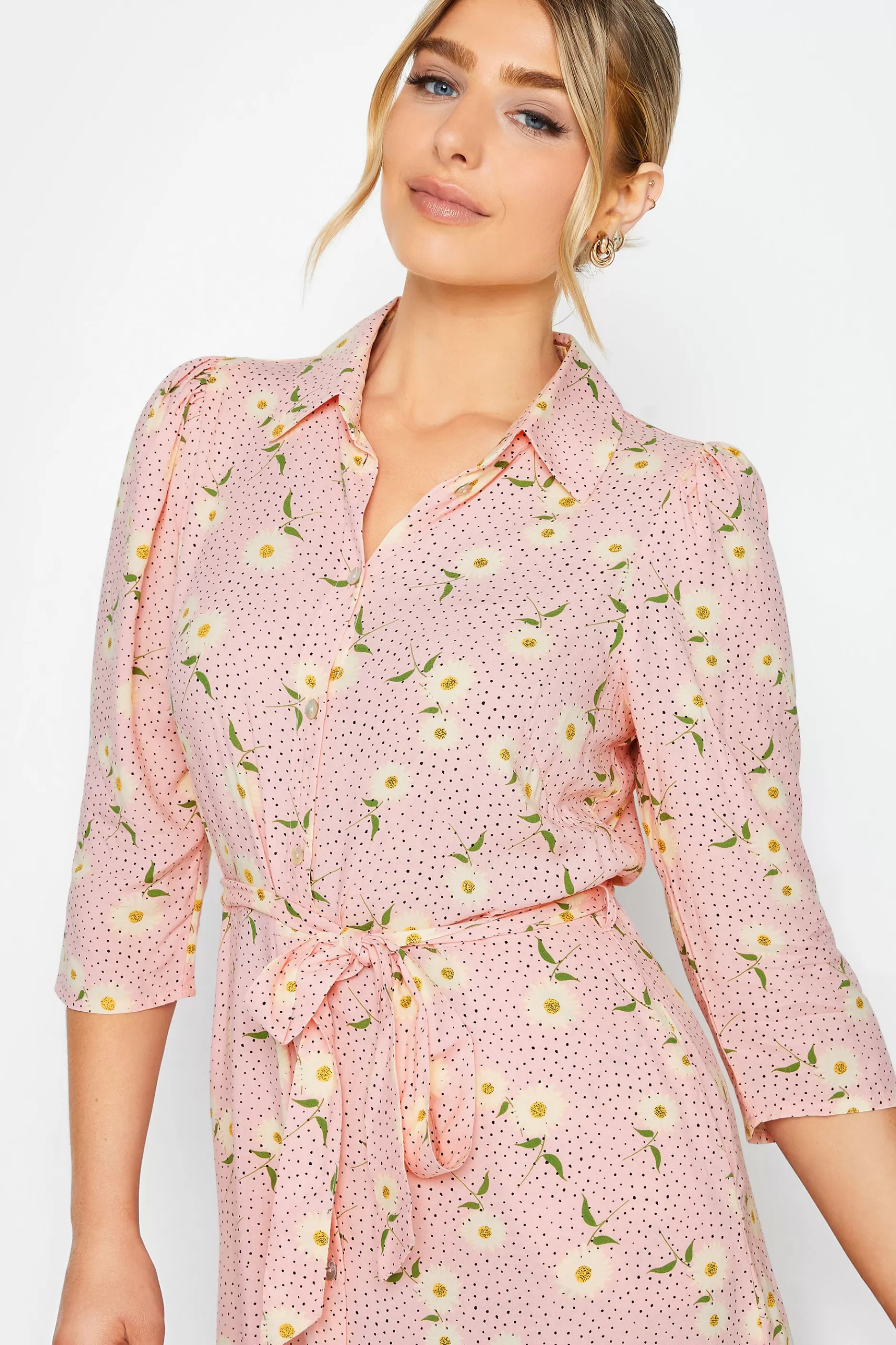 Women M&Co Shirt Dresses> Womens Pink Ditsy Floral Midi Shirt Dress