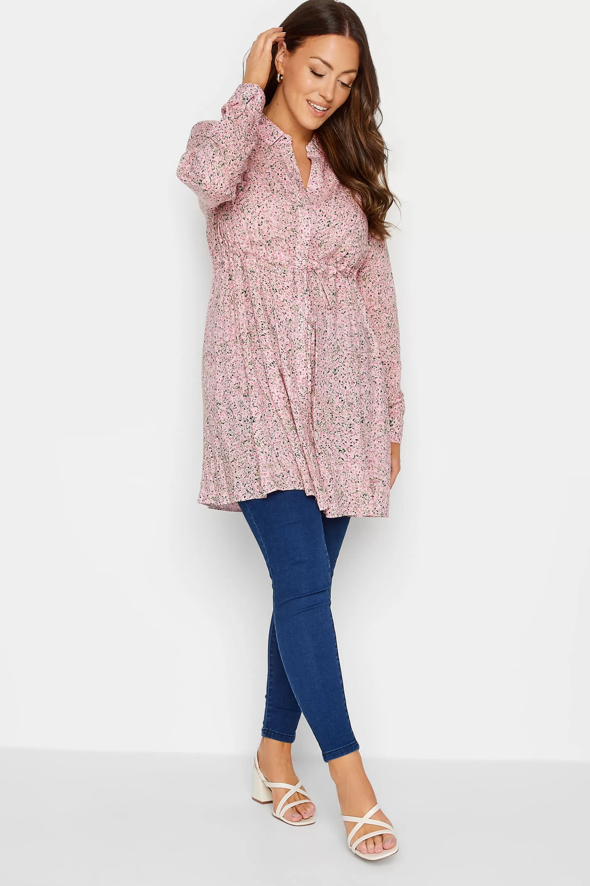 Women M&Co Shirts> Womens Pink Ditsy Print Tie Waist Tunic Shirt