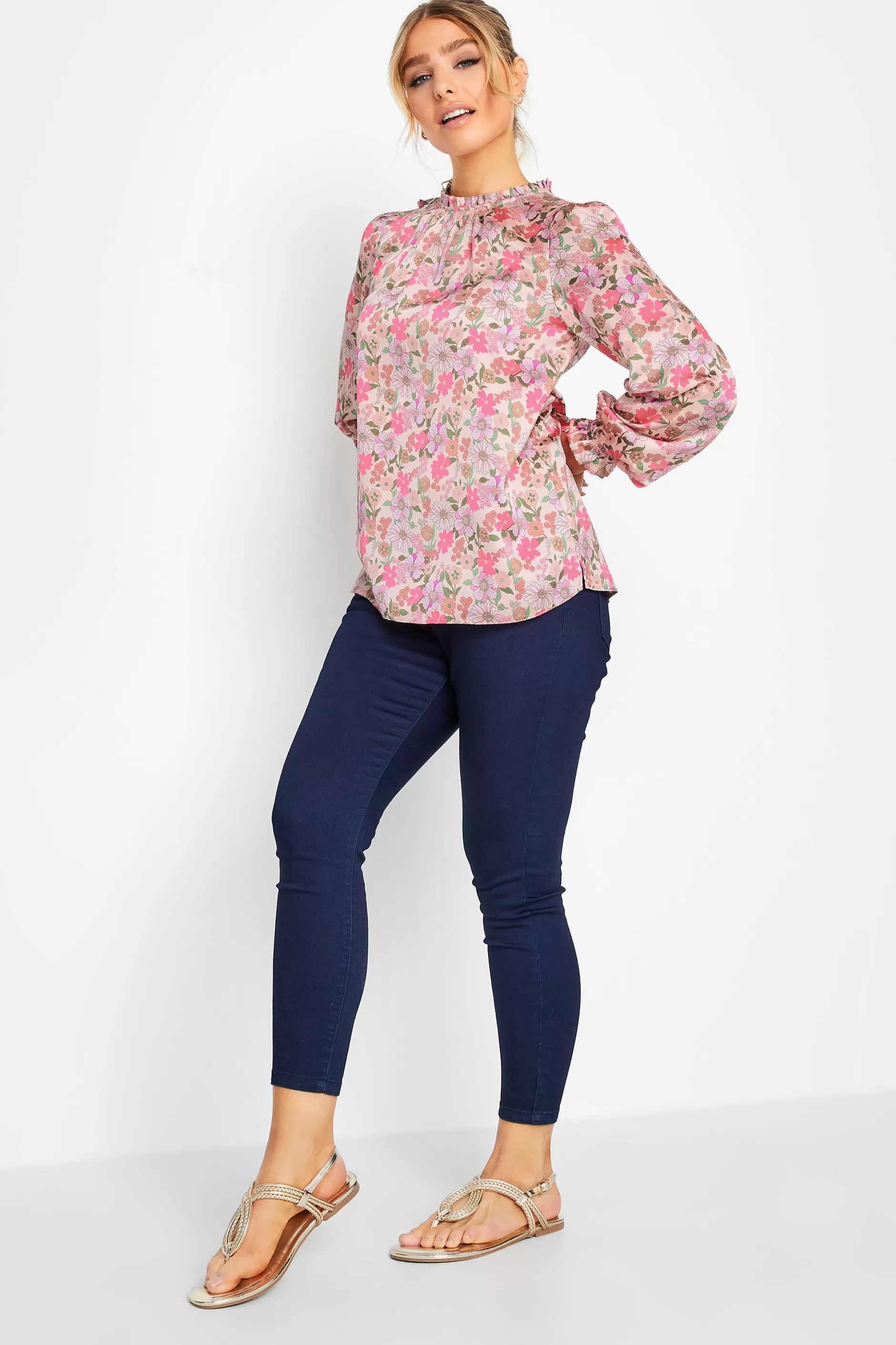 Women M&Co Long Sleeve Tops> Womens Pink Floral Print Frill Neck Blouse