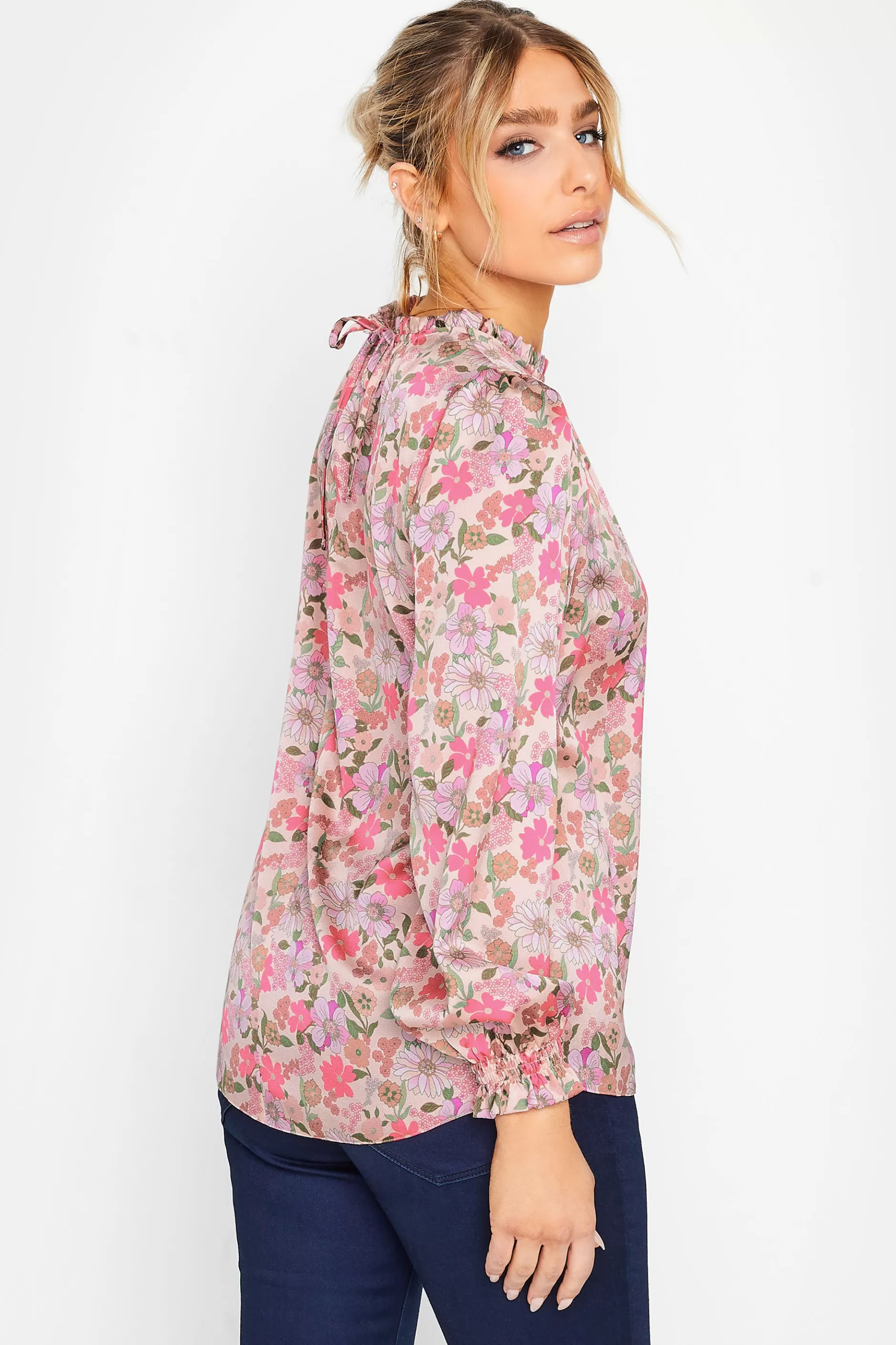 Women M&Co Long Sleeve Tops> Womens Pink Floral Print Frill Neck Blouse