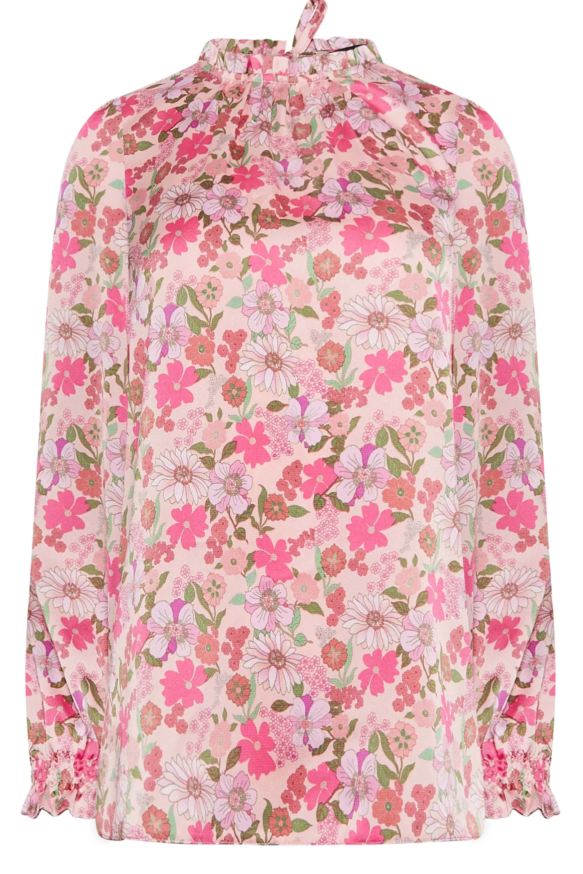 Women M&Co Long Sleeve Tops> Womens Pink Floral Print Frill Neck Blouse