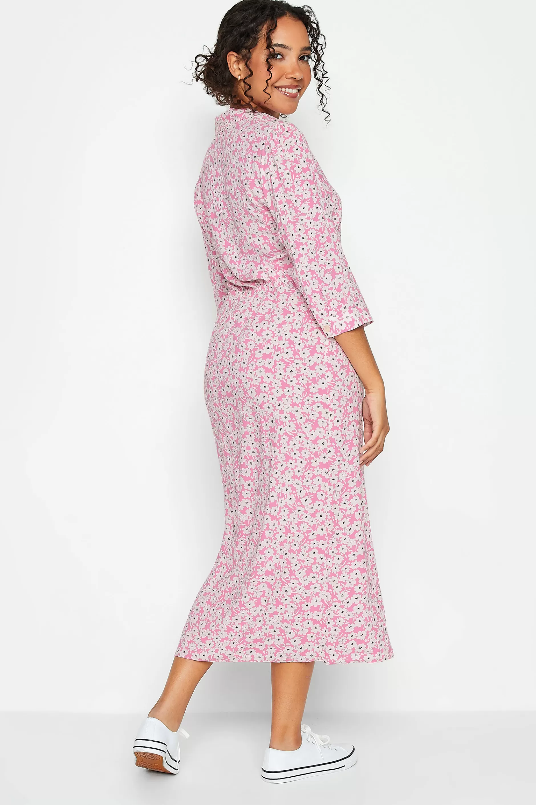 Women M&Co Shirt Dresses> Womens Pink Floral Print Midi Shirt Dress