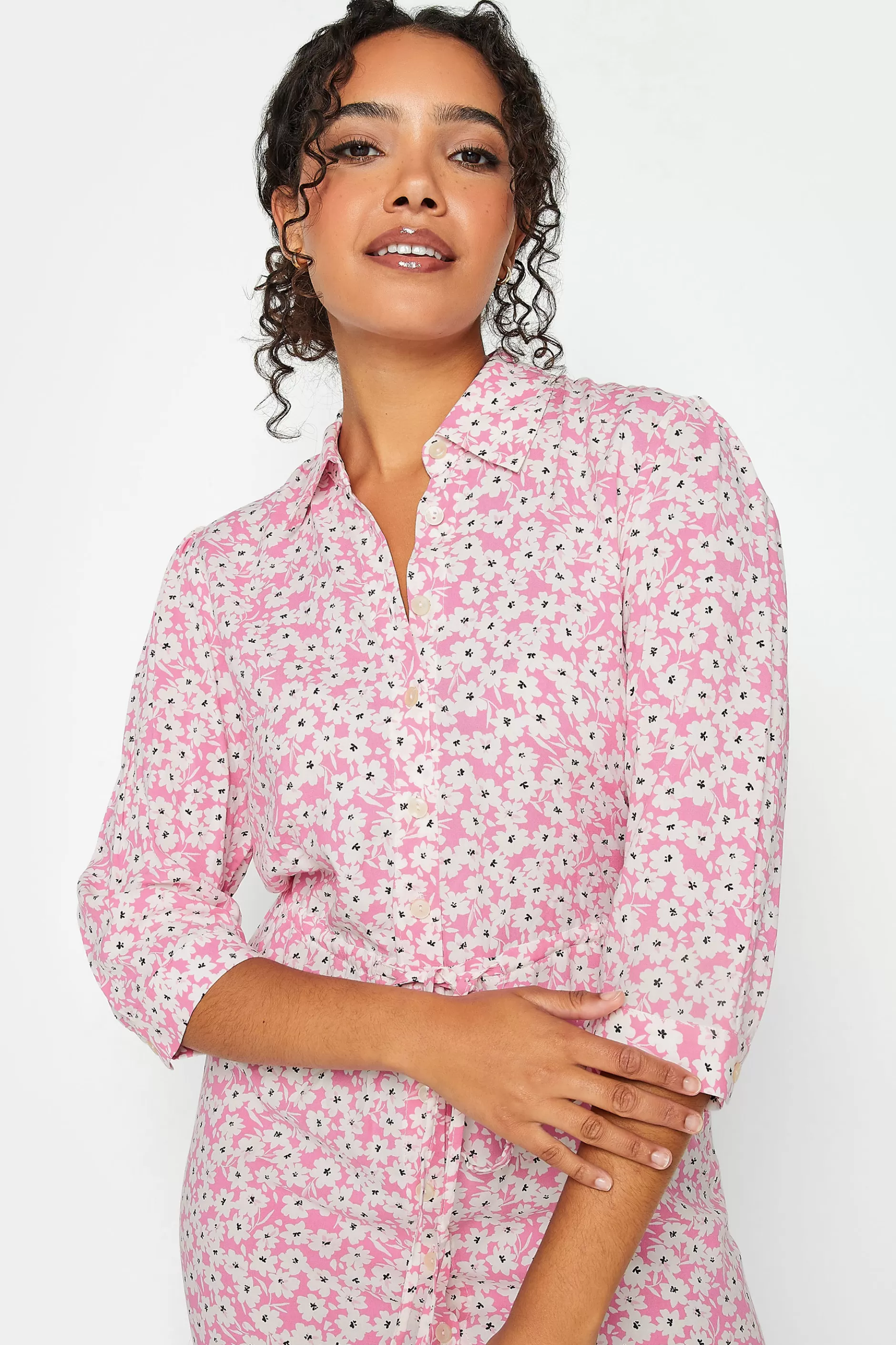 Women M&Co Shirt Dresses> Womens Pink Floral Print Midi Shirt Dress