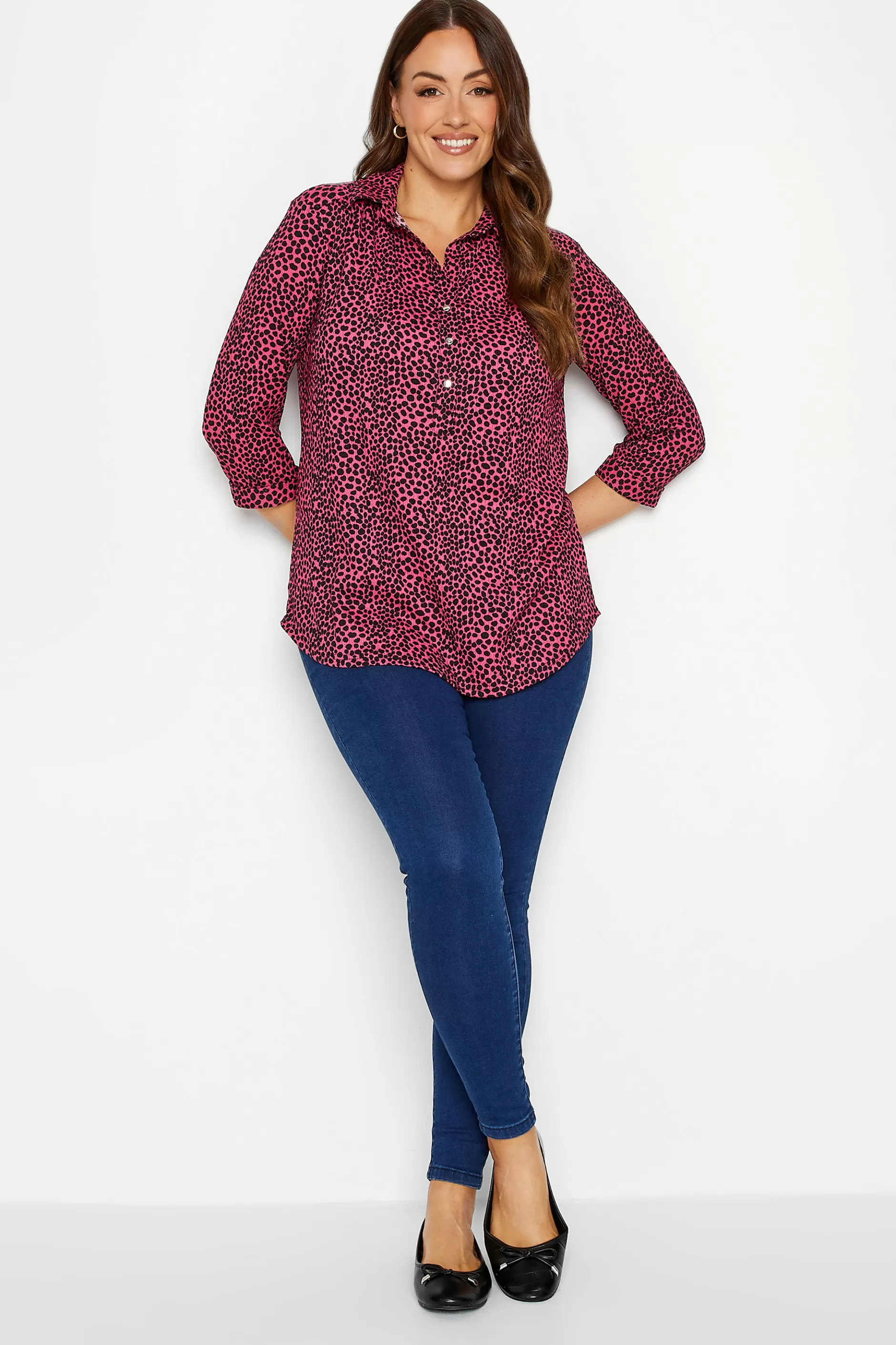 Women M&Co Shirts> Womens Pink Spot Print Half Placket Jersey Shirt