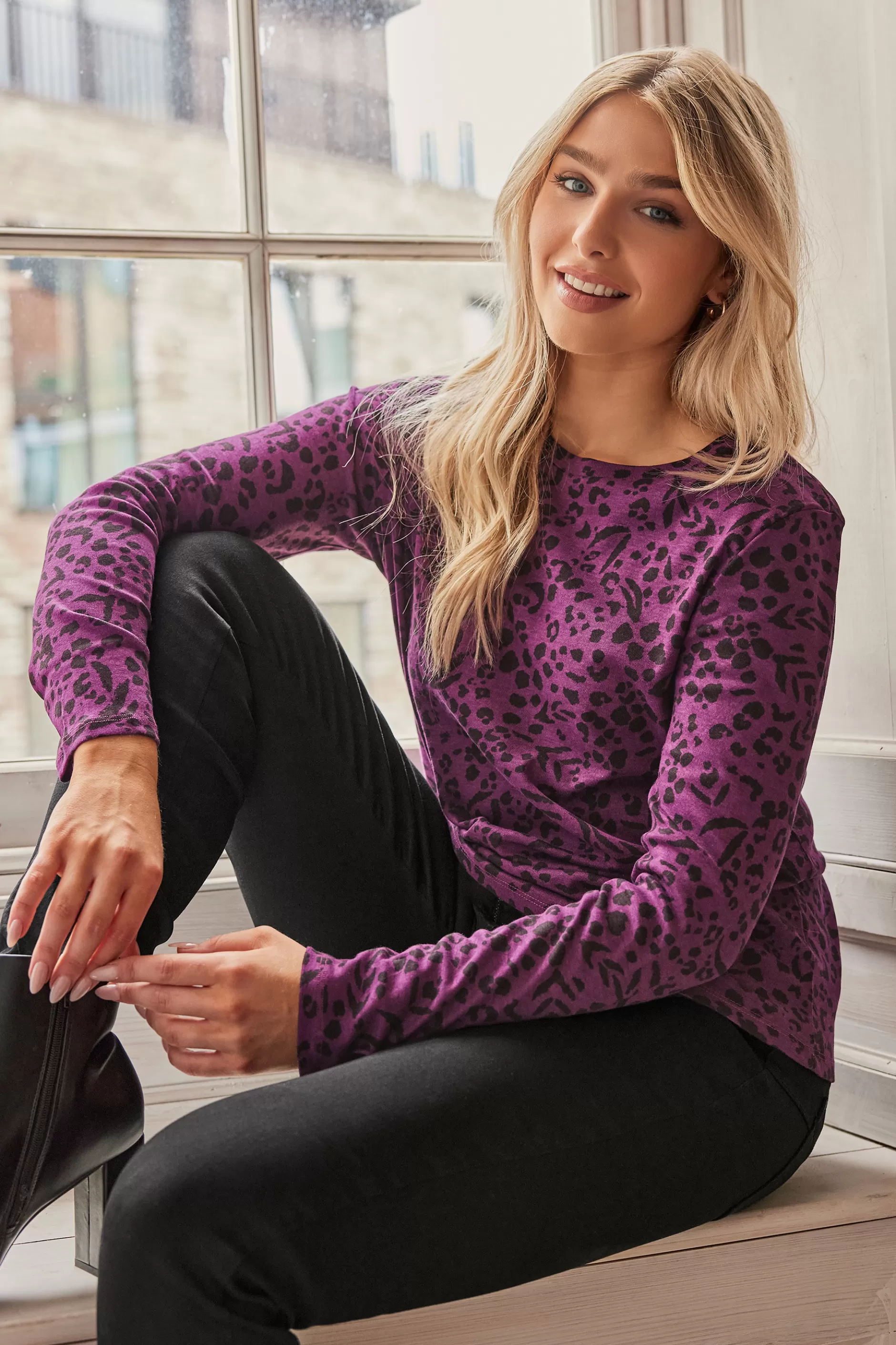 Women M&Co Long Sleeve Tops> Womens Purple Animal Print Long Sleeve Cotton Top
