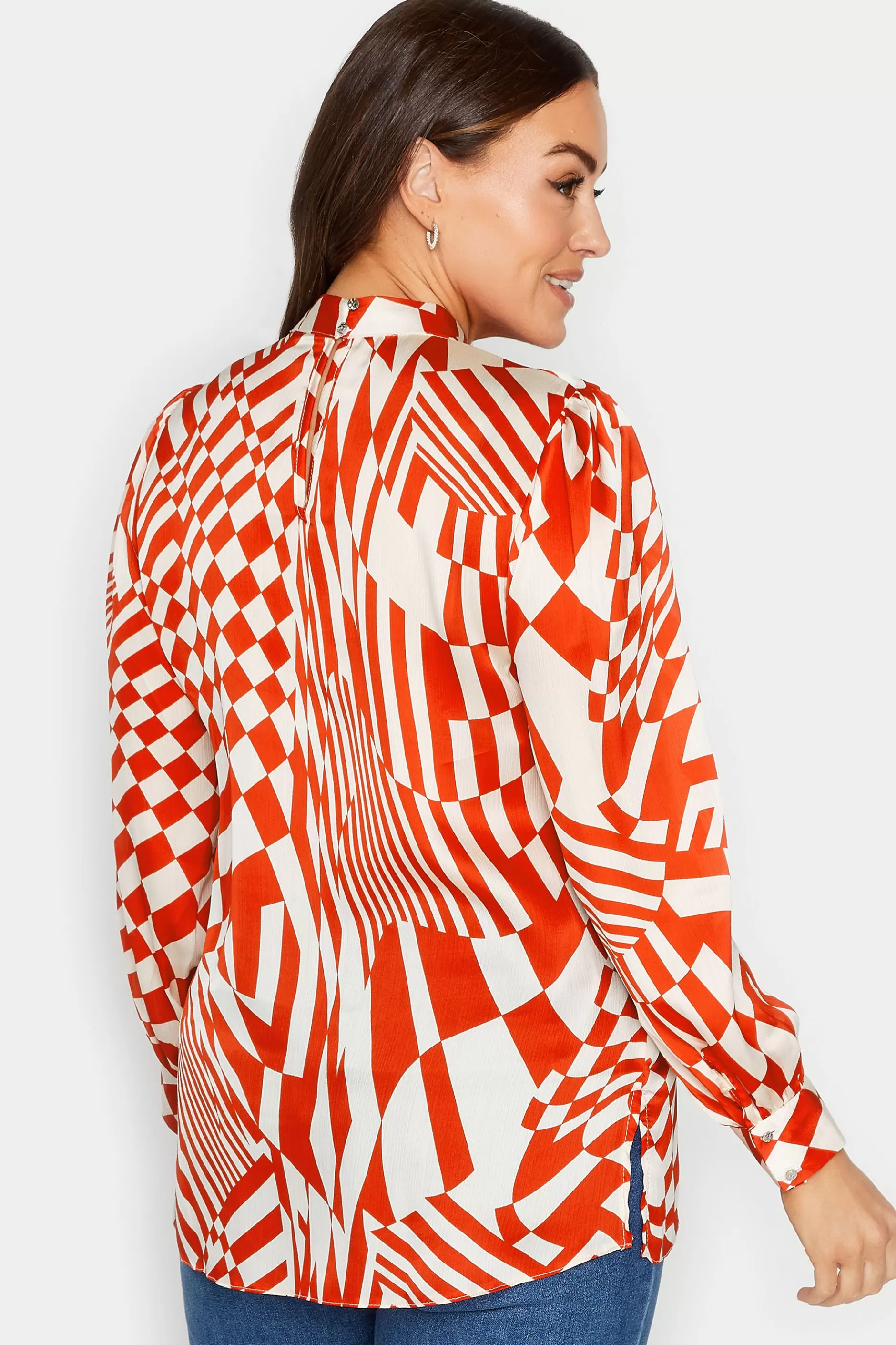 Women M&Co Long Sleeve Tops> Womens Red & White Abstract Print High Neck Satin Blouse