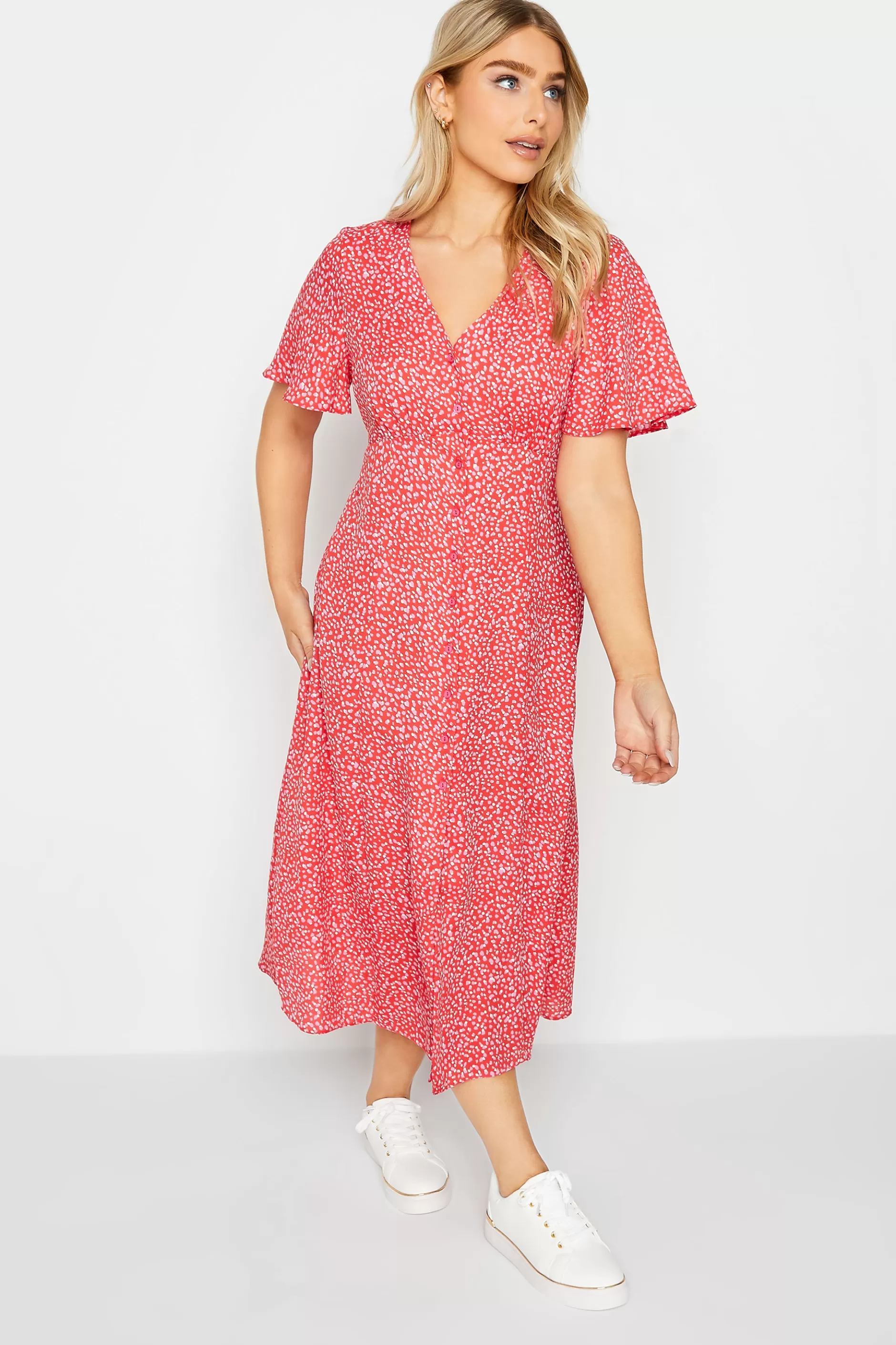 Women M&Co Midi Dresses> Womens Red Ditsy Spot Print Midi Button Through Tea Dress