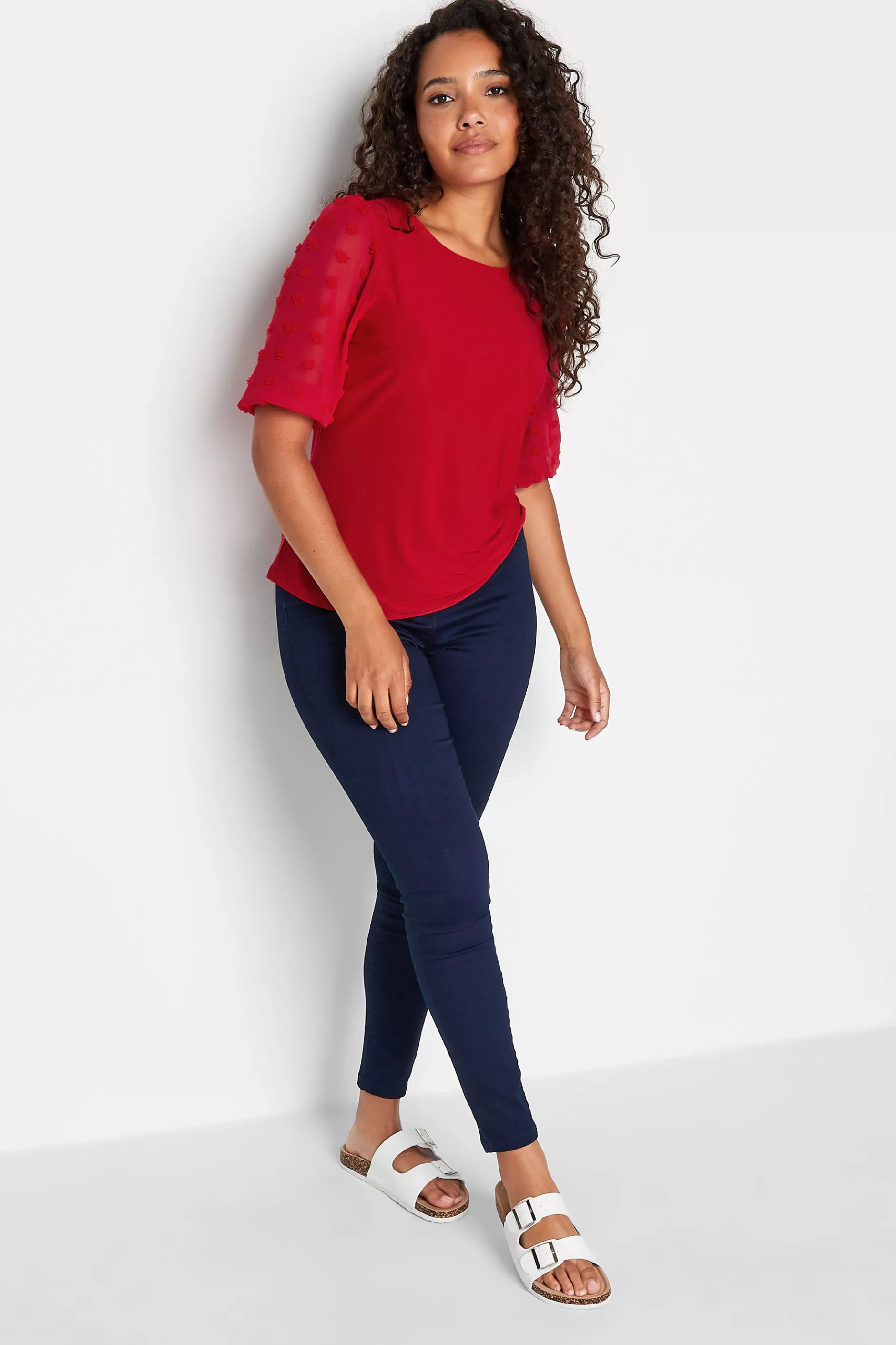 Women M&Co Shirts> Womens Red Dobby Sleeve Blouse