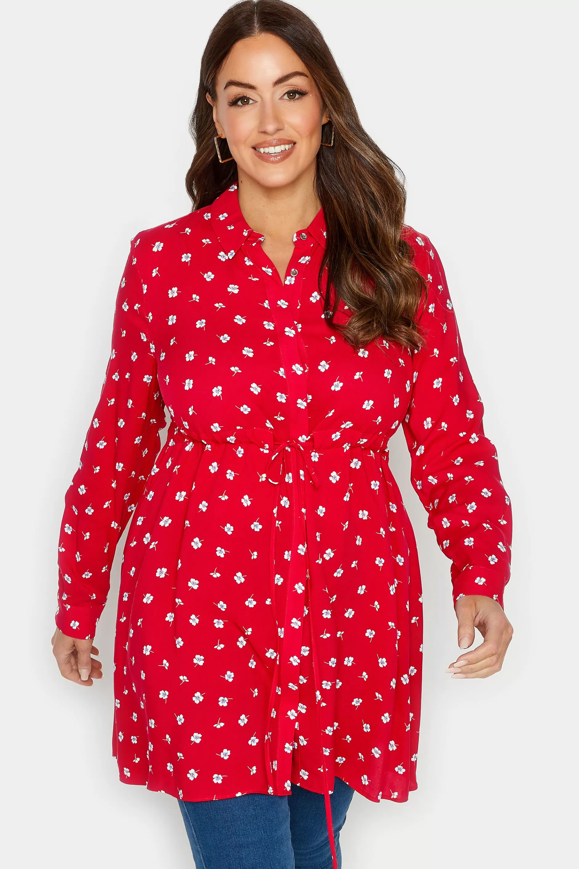 Women M&Co Shirts> Womens Red Floral Print Tie Waist Tunic Shirt