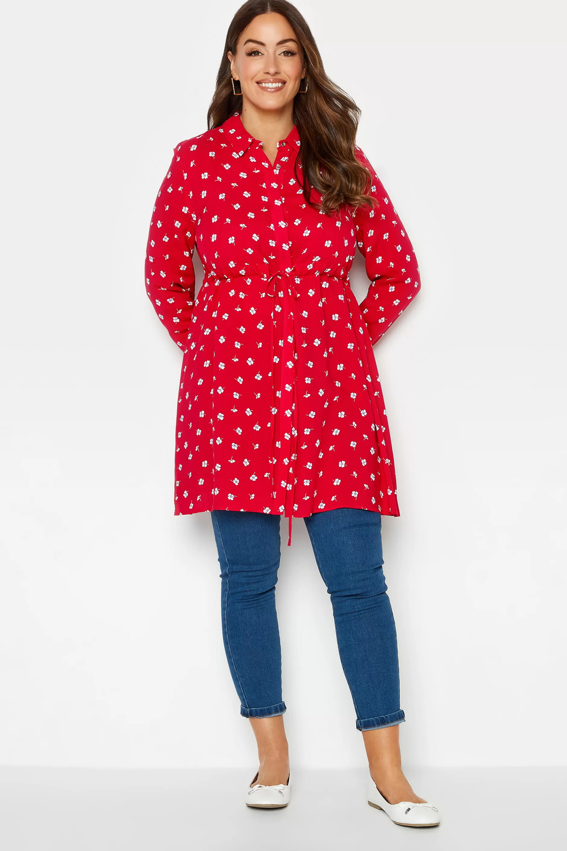 Women M&Co Shirts> Womens Red Floral Print Tie Waist Tunic Shirt
