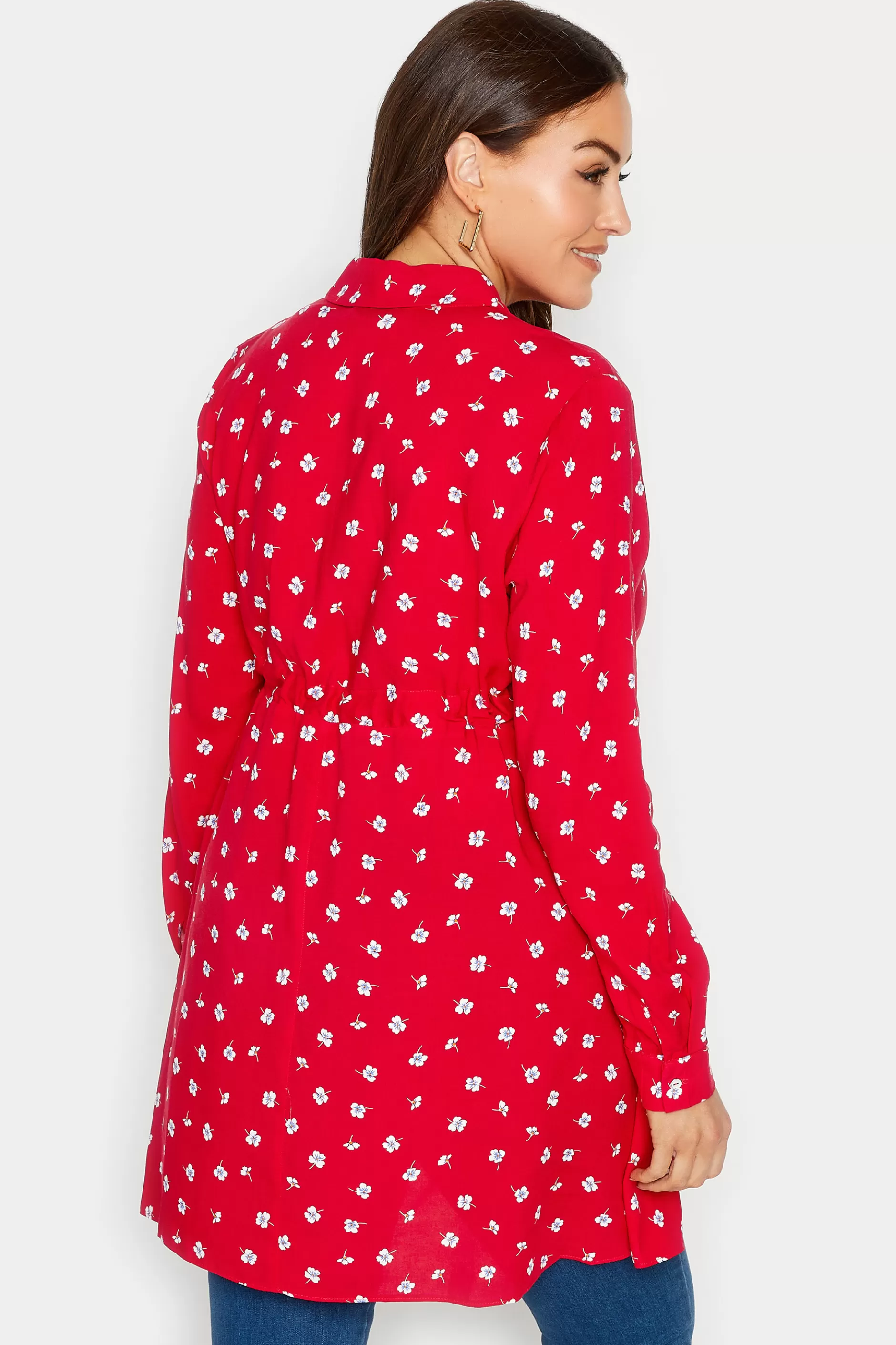 Women M&Co Shirts> Womens Red Floral Print Tie Waist Tunic Shirt