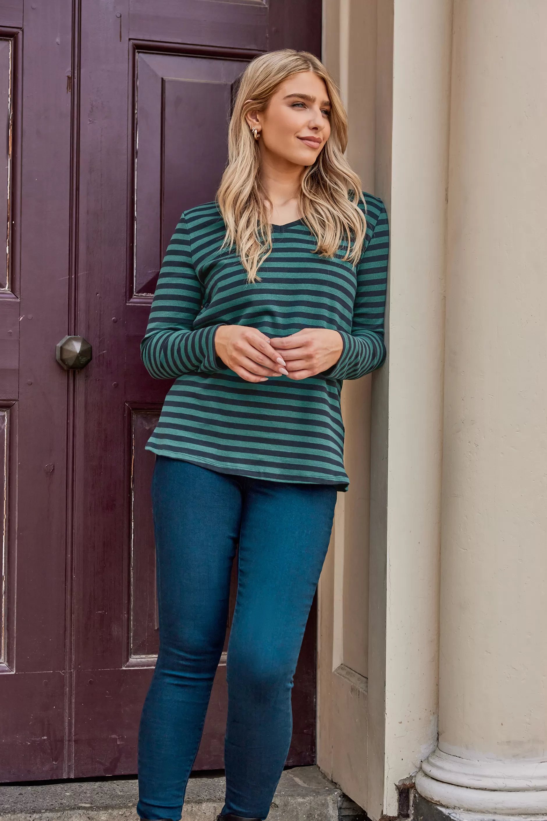 Women M&Co T-Shirts> Womens Teal Blue Stripe V-Neck Long Sleeve Cotton T-Shirt