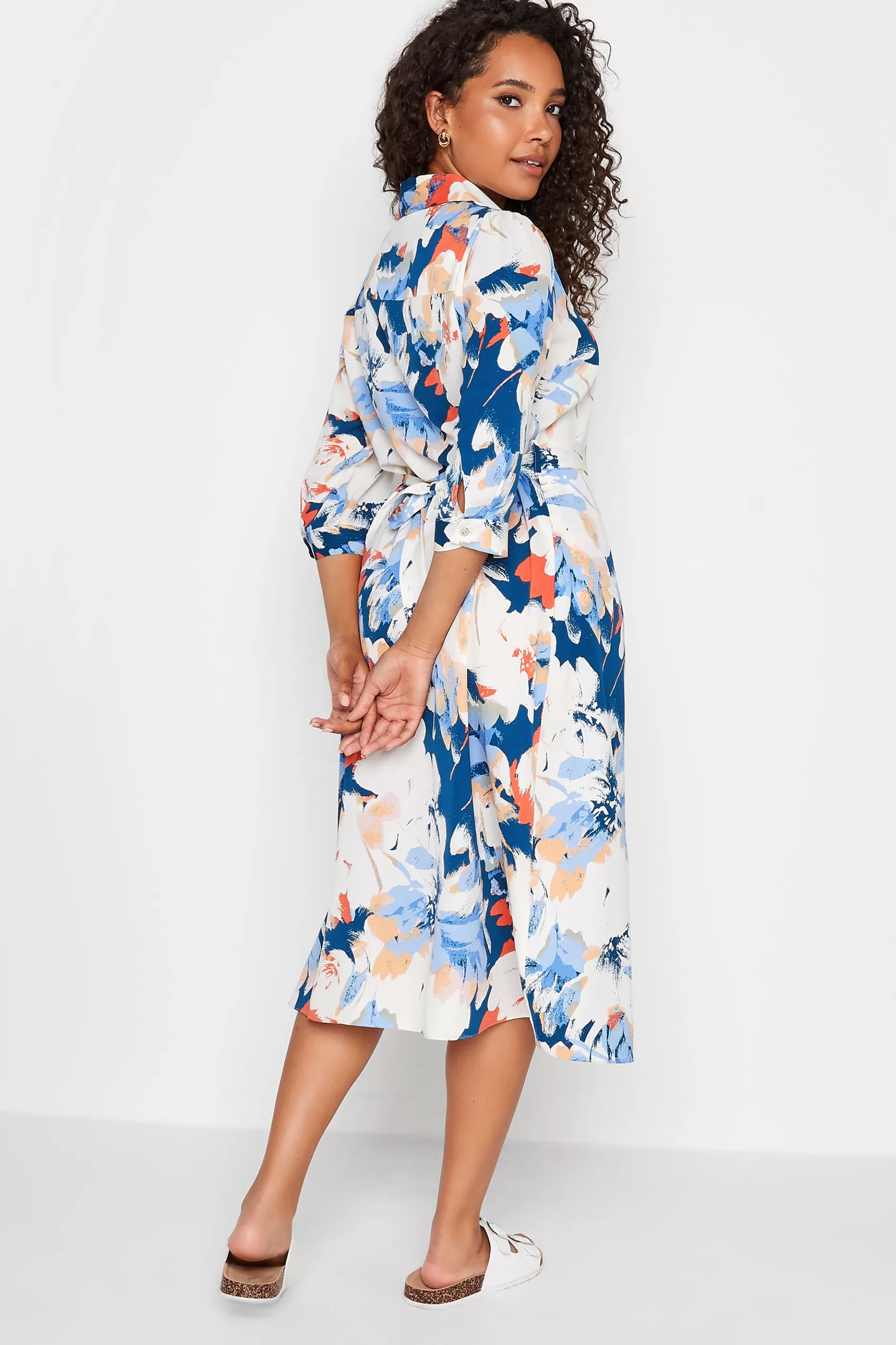 Women M&Co Wedding Guest Dresses> Womens White & Blue Floral Print Button Through Shirt Dress
