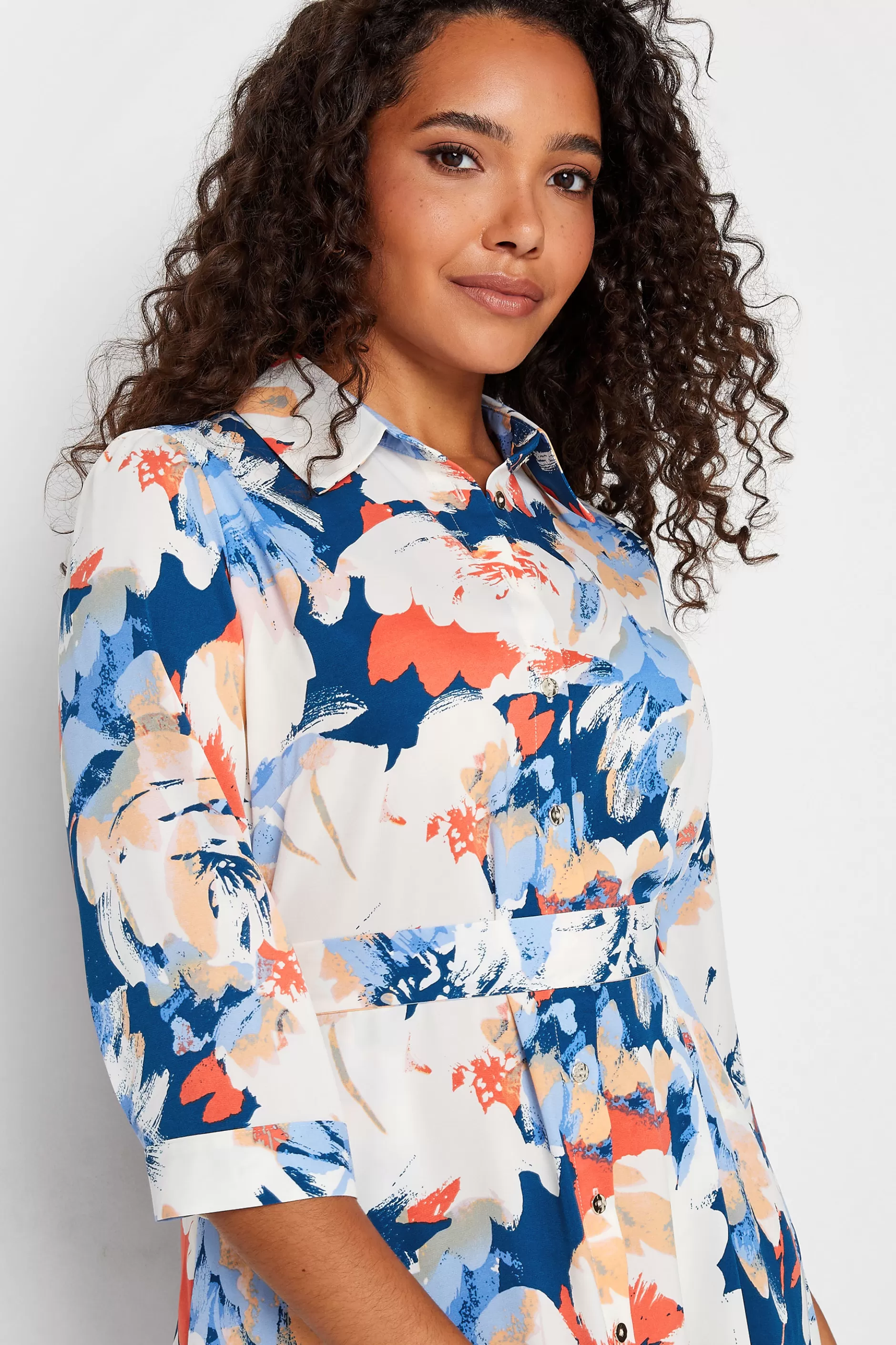 Women M&Co Wedding Guest Dresses> Womens White & Blue Floral Print Button Through Shirt Dress