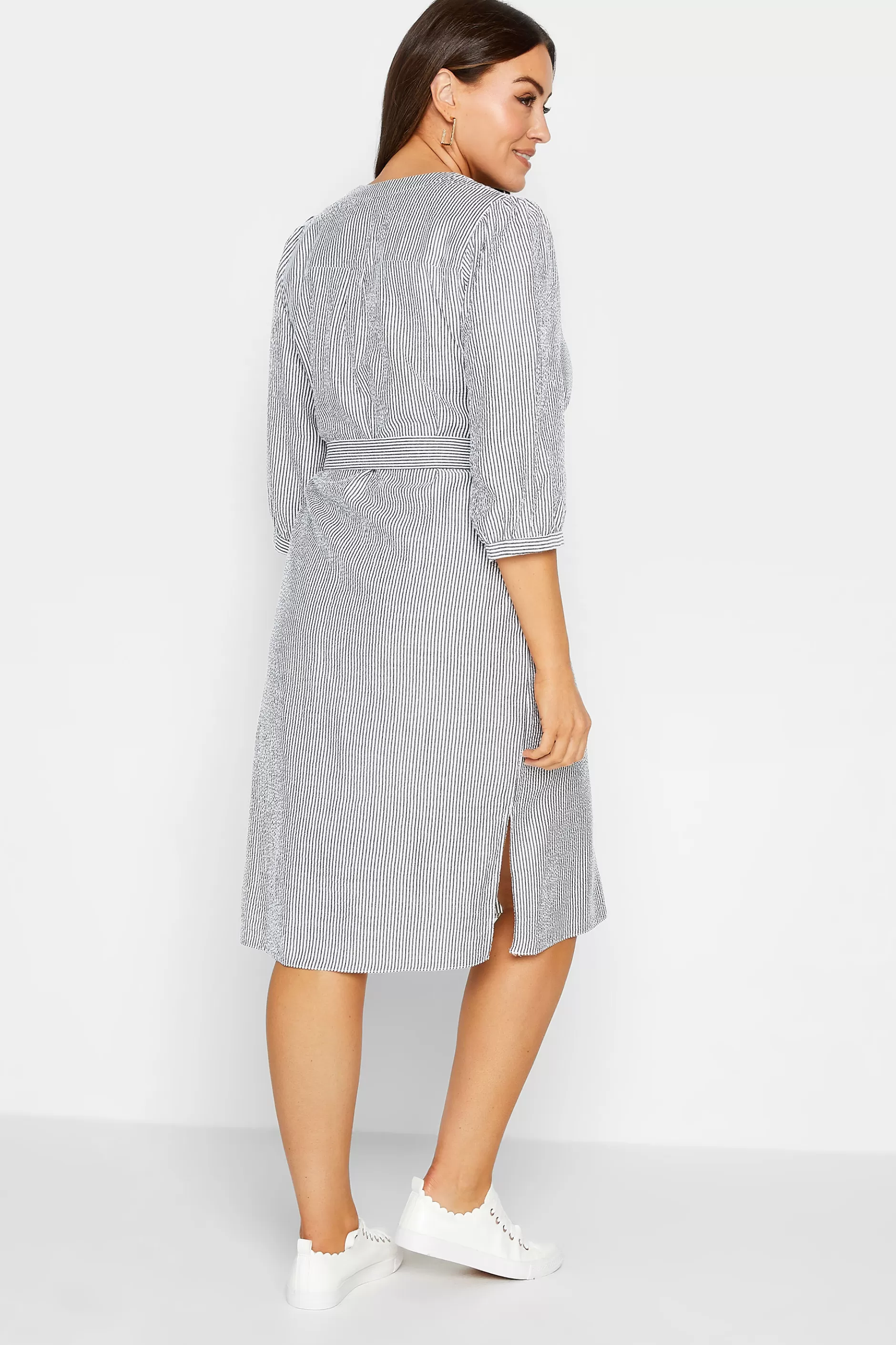 Women M&Co Shirt Dresses> Womens White & Grey Stripe Print Tie Waist Tunic Dress