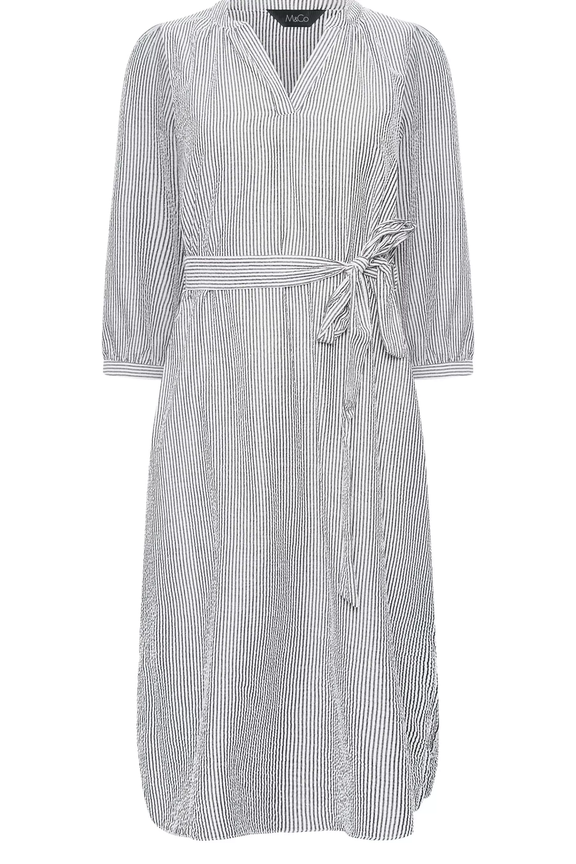 Women M&Co Shirt Dresses> Womens White & Grey Stripe Print Tie Waist Tunic Dress