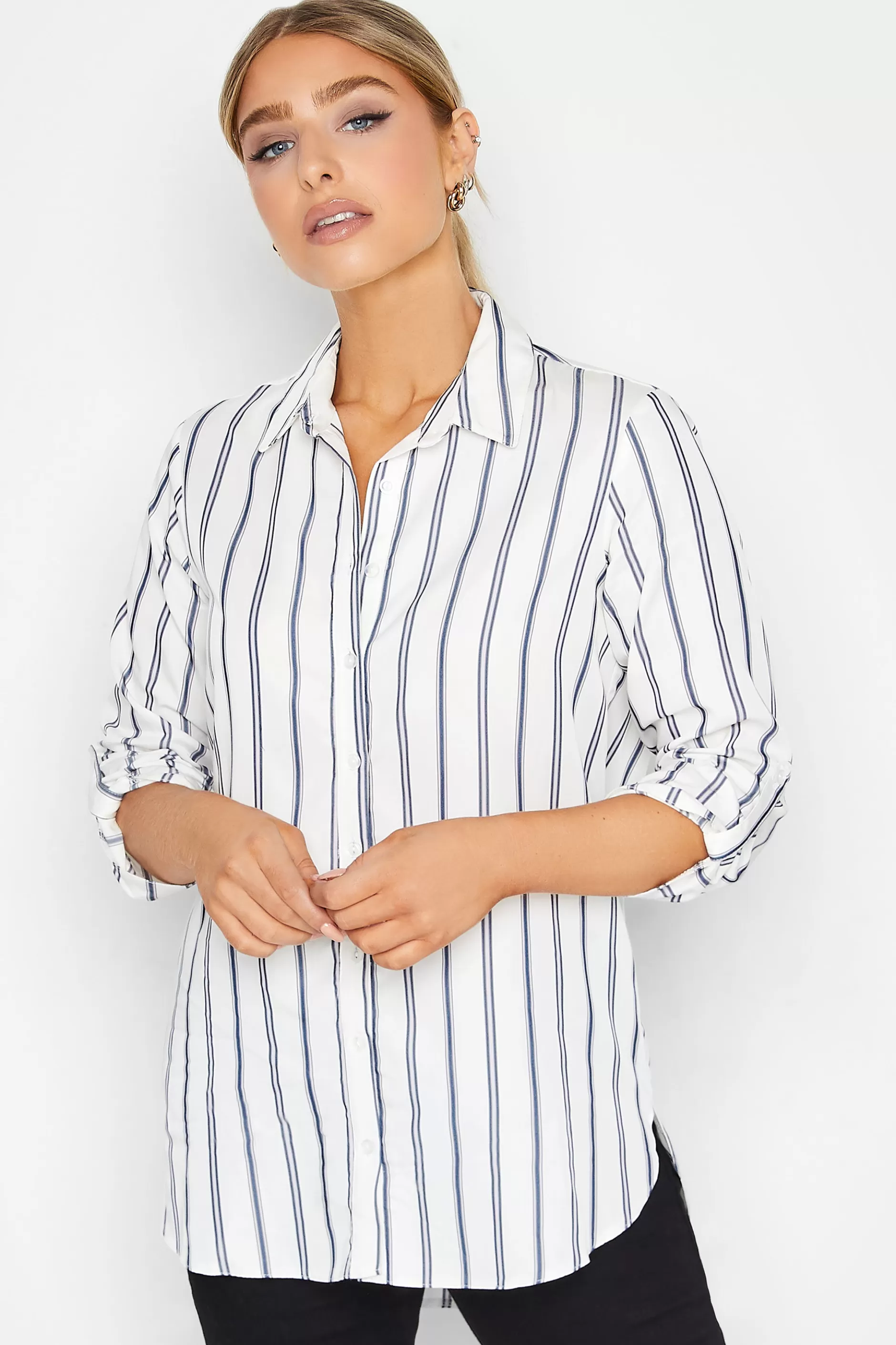 Women M&Co Shirts> Womens White & Navy Blue Stripe Tab Sleeve Shirt