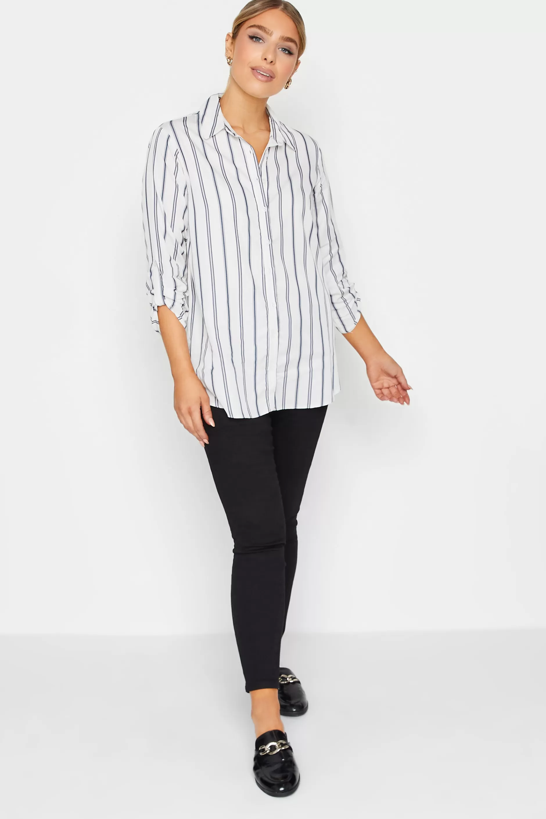 Women M&Co Shirts> Womens White & Navy Blue Stripe Tab Sleeve Shirt