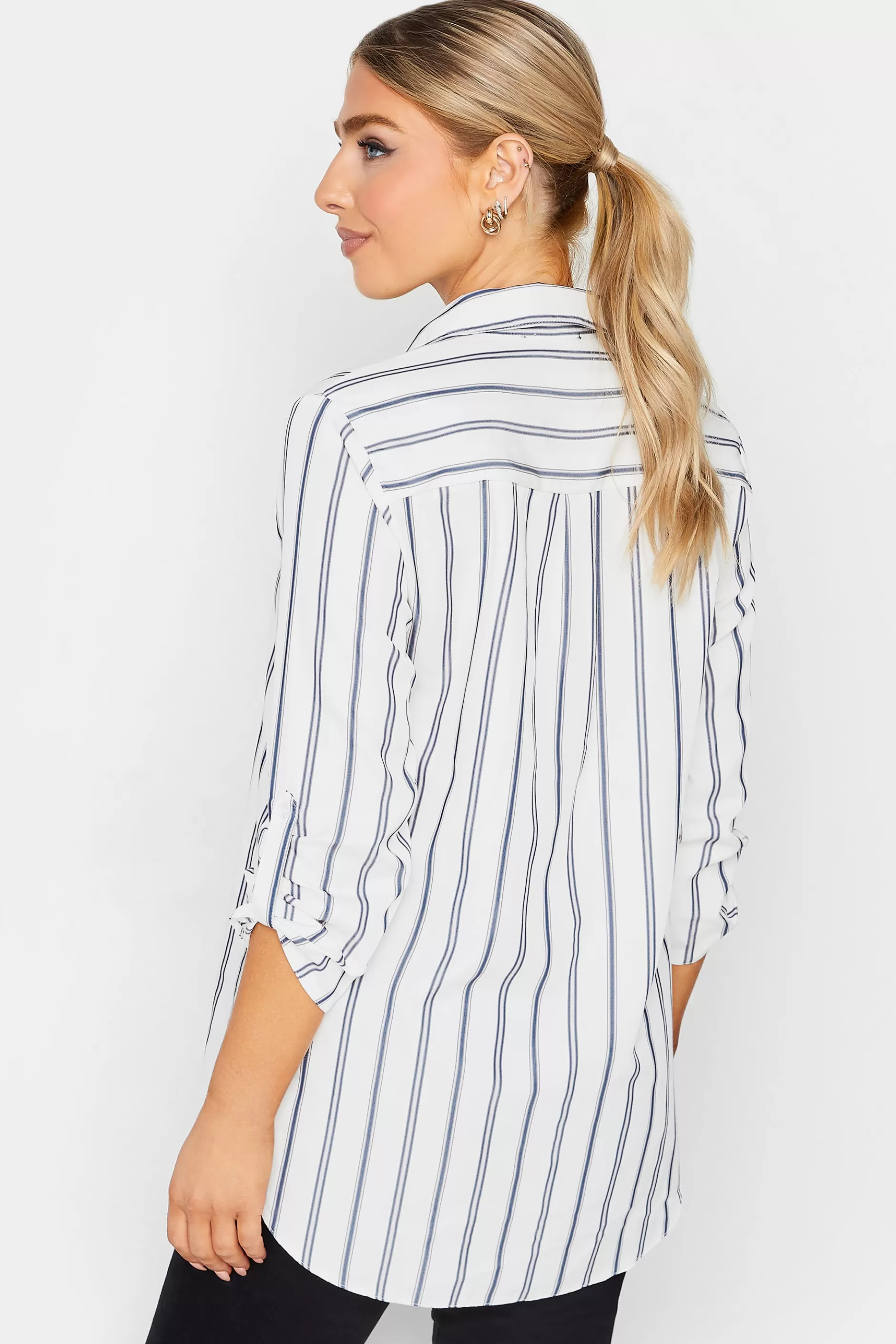 Women M&Co Shirts> Womens White & Navy Blue Stripe Tab Sleeve Shirt