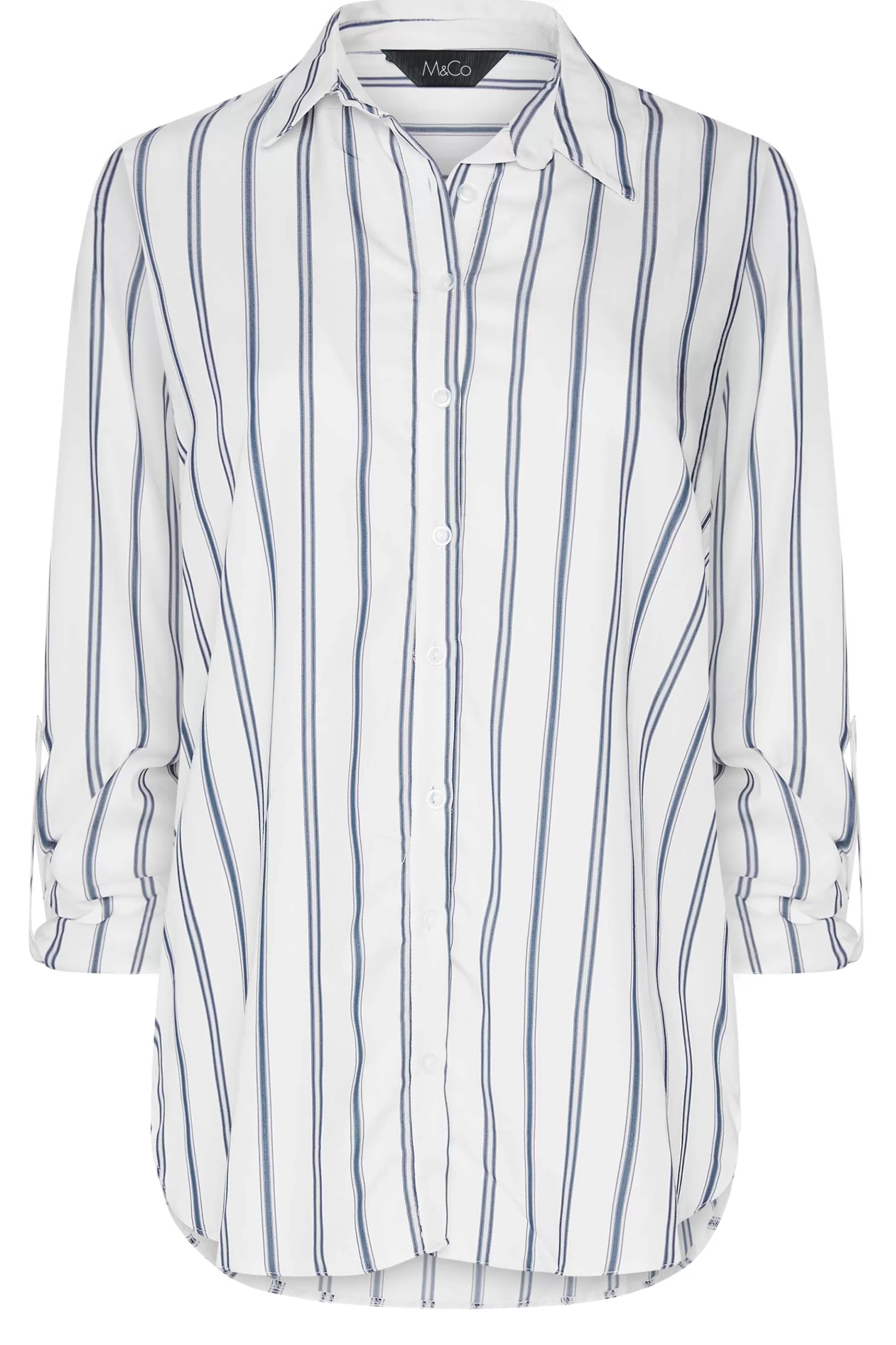 Women M&Co Shirts> Womens White & Navy Blue Stripe Tab Sleeve Shirt