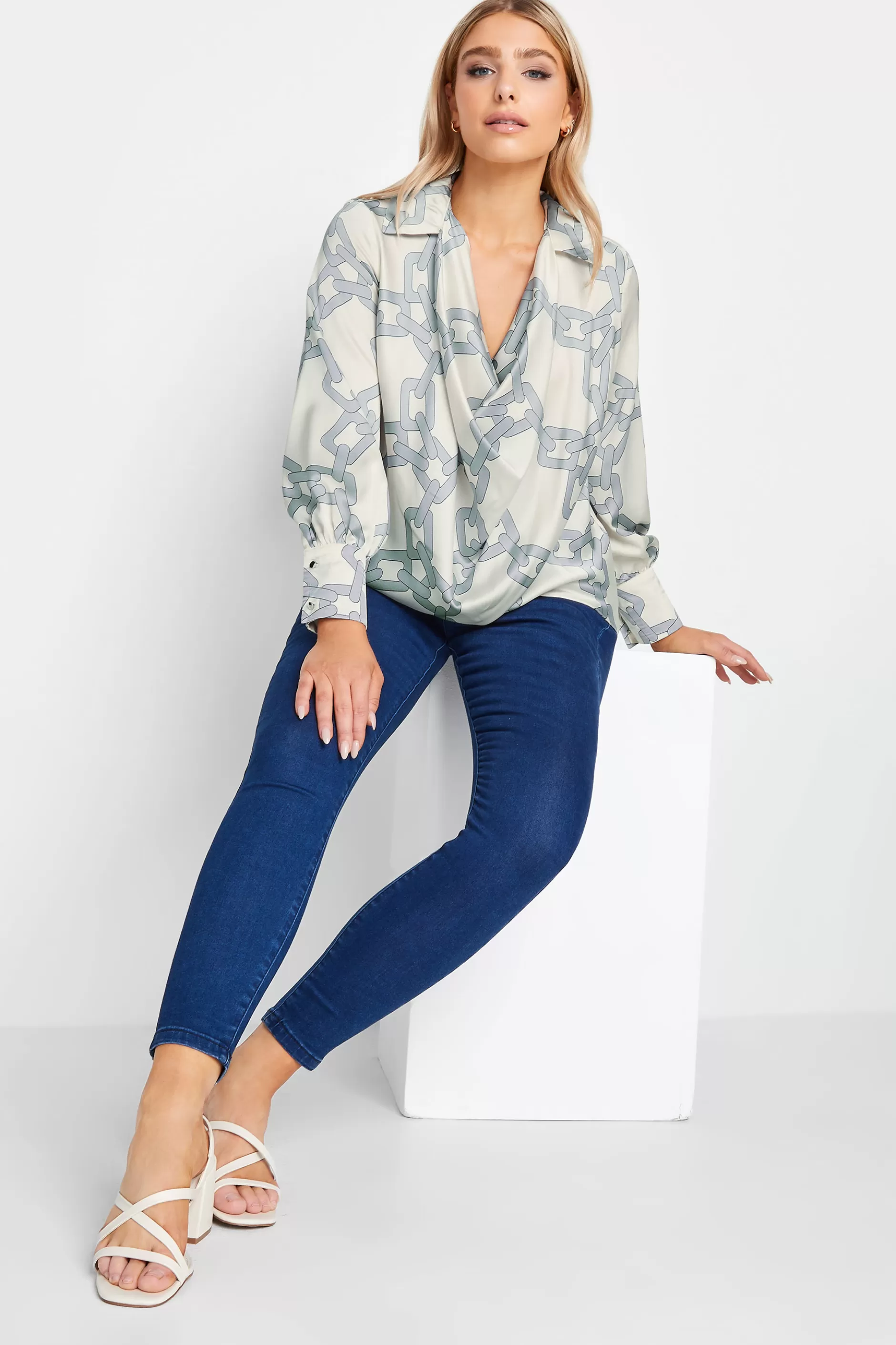 Women M&Co Long Sleeve Tops> Womens White Chain Print Cowl Neck Satin Blouse