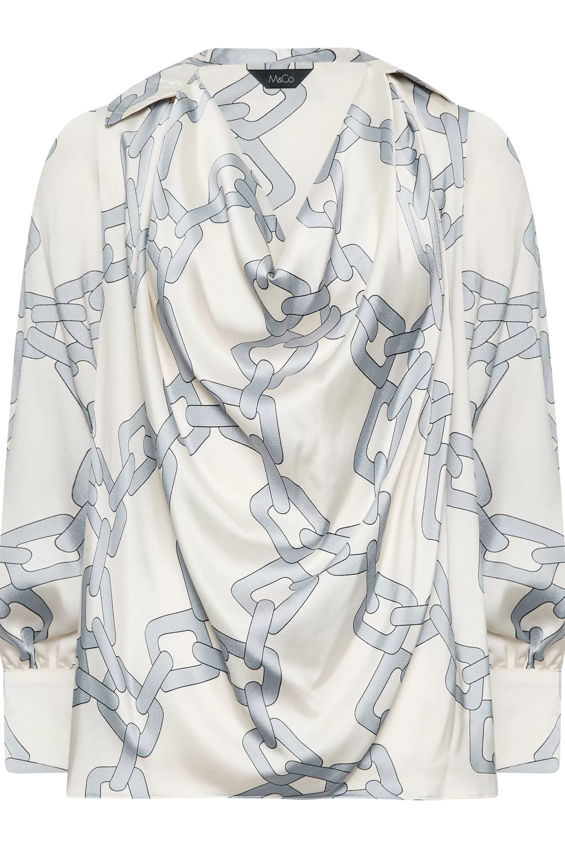 Women M&Co Long Sleeve Tops> Womens White Chain Print Cowl Neck Satin Blouse