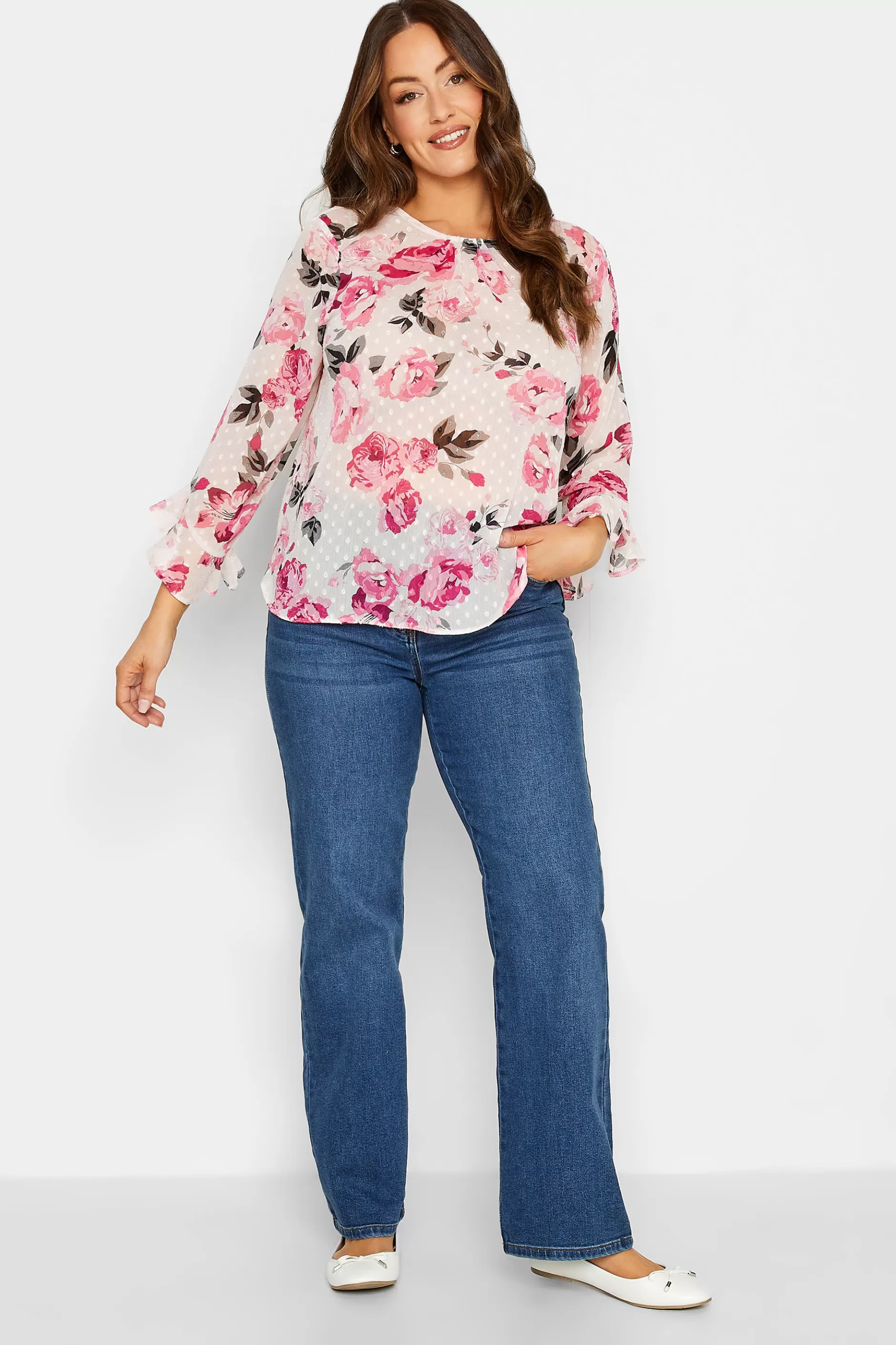 Women M&Co Blouses> Womens White Floral Print Dobby Frill Sleeve Blouse