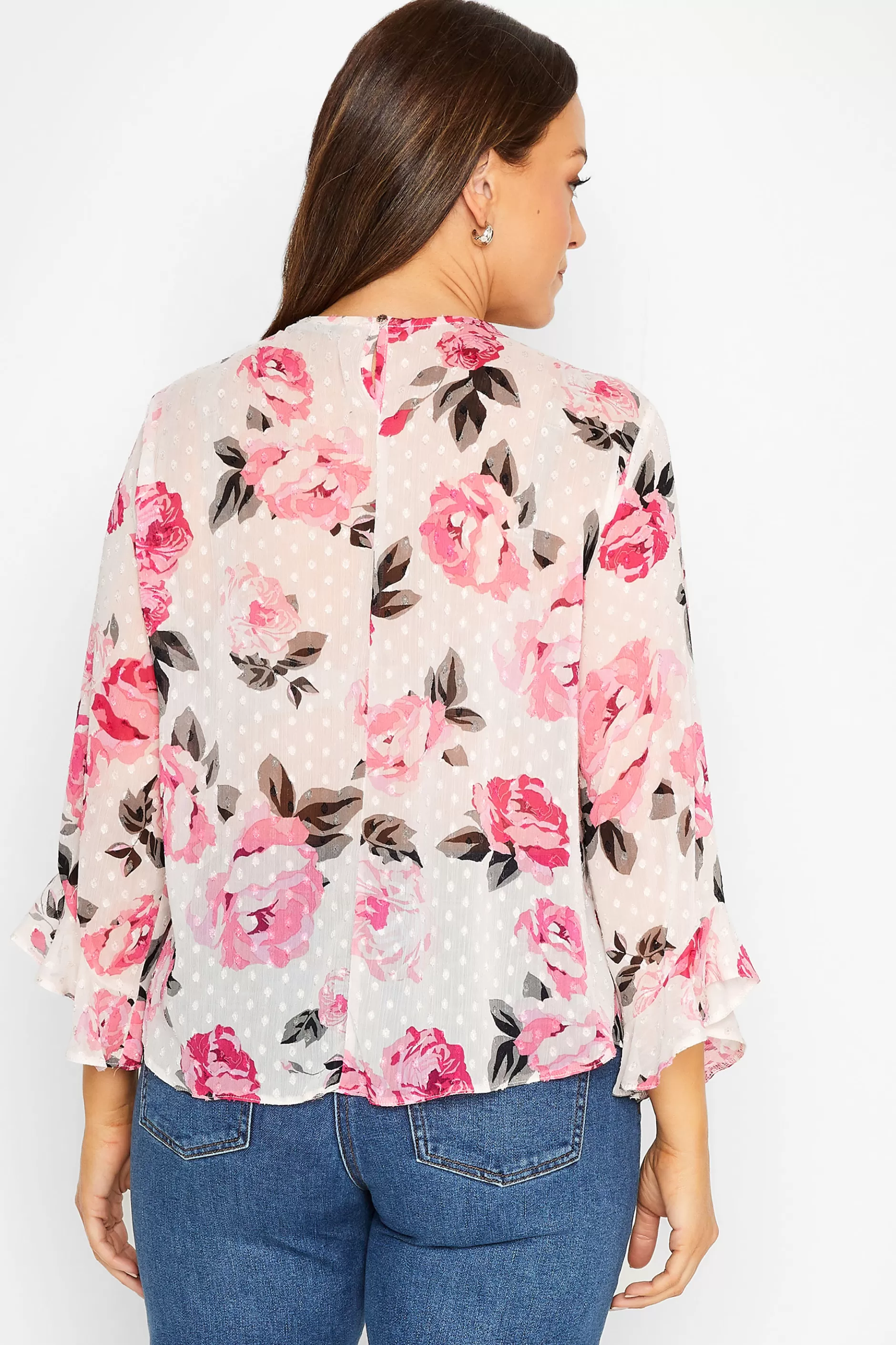 Women M&Co Blouses> Womens White Floral Print Dobby Frill Sleeve Blouse