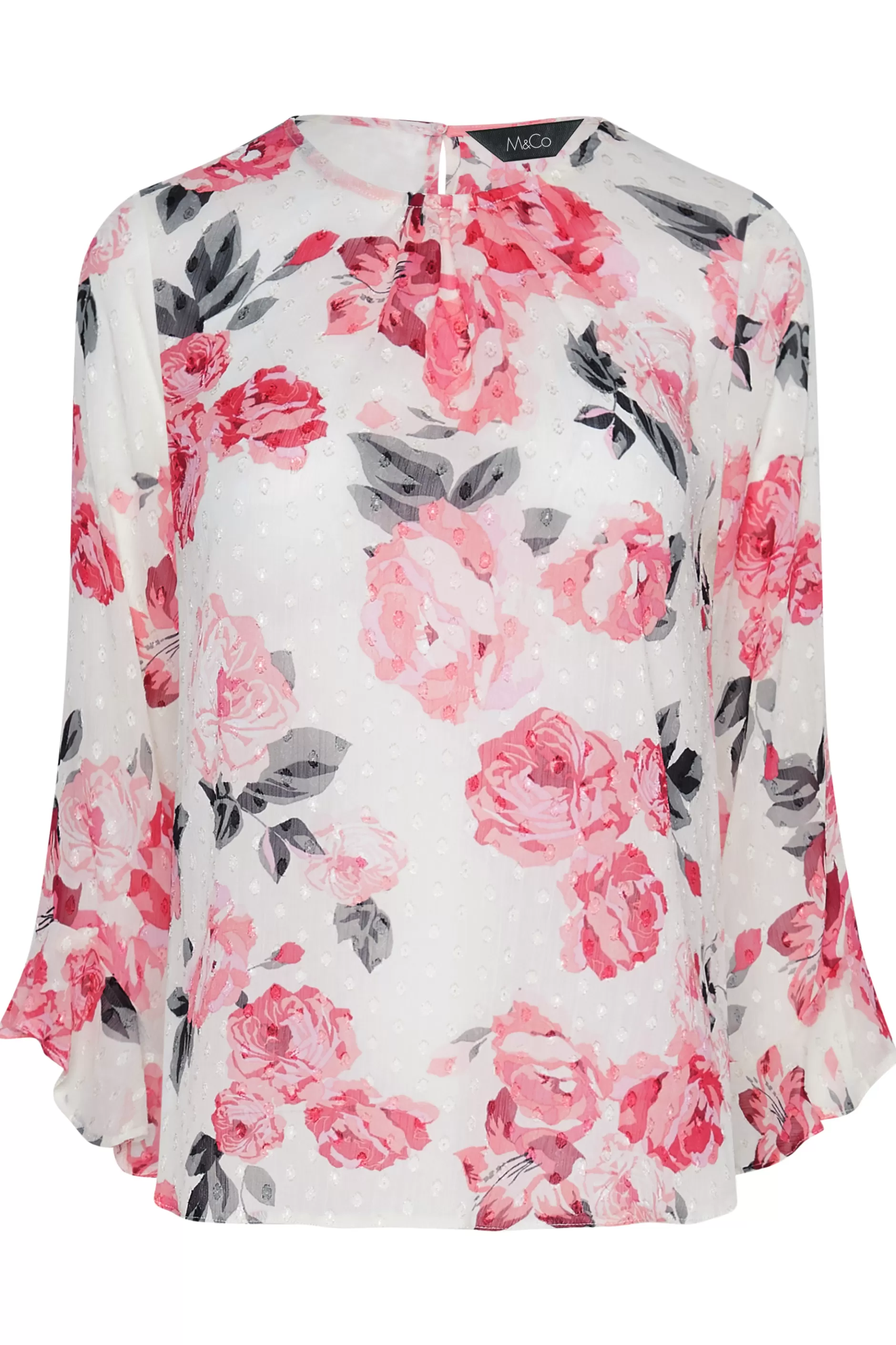 Women M&Co Blouses> Womens White Floral Print Dobby Frill Sleeve Blouse