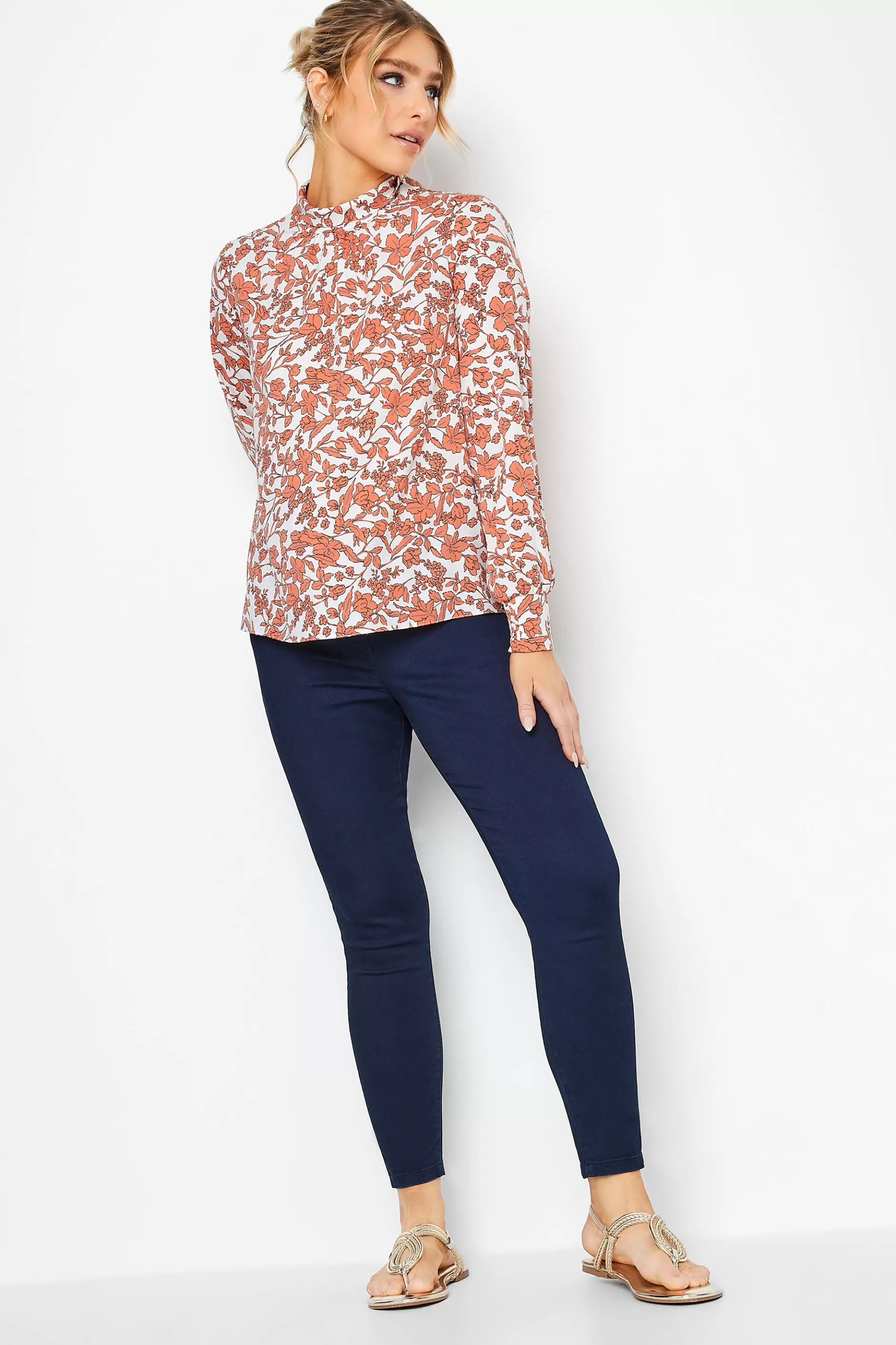 Women M&Co Long Sleeve Tops> Womens White Floral Print High Neck Blouse