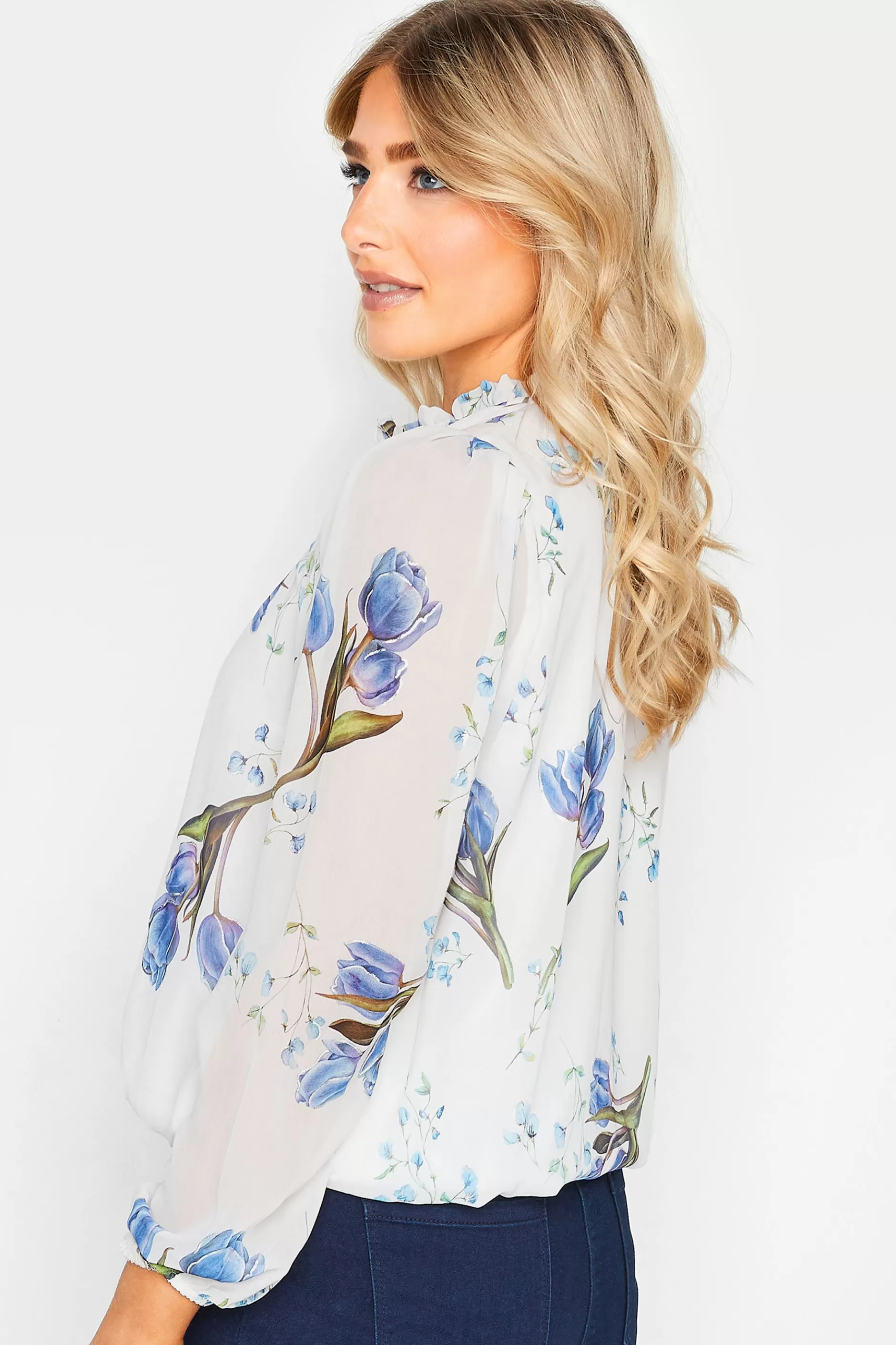 Women M&Co Blouses> Womens White Floral Print Tie Neck Blouse