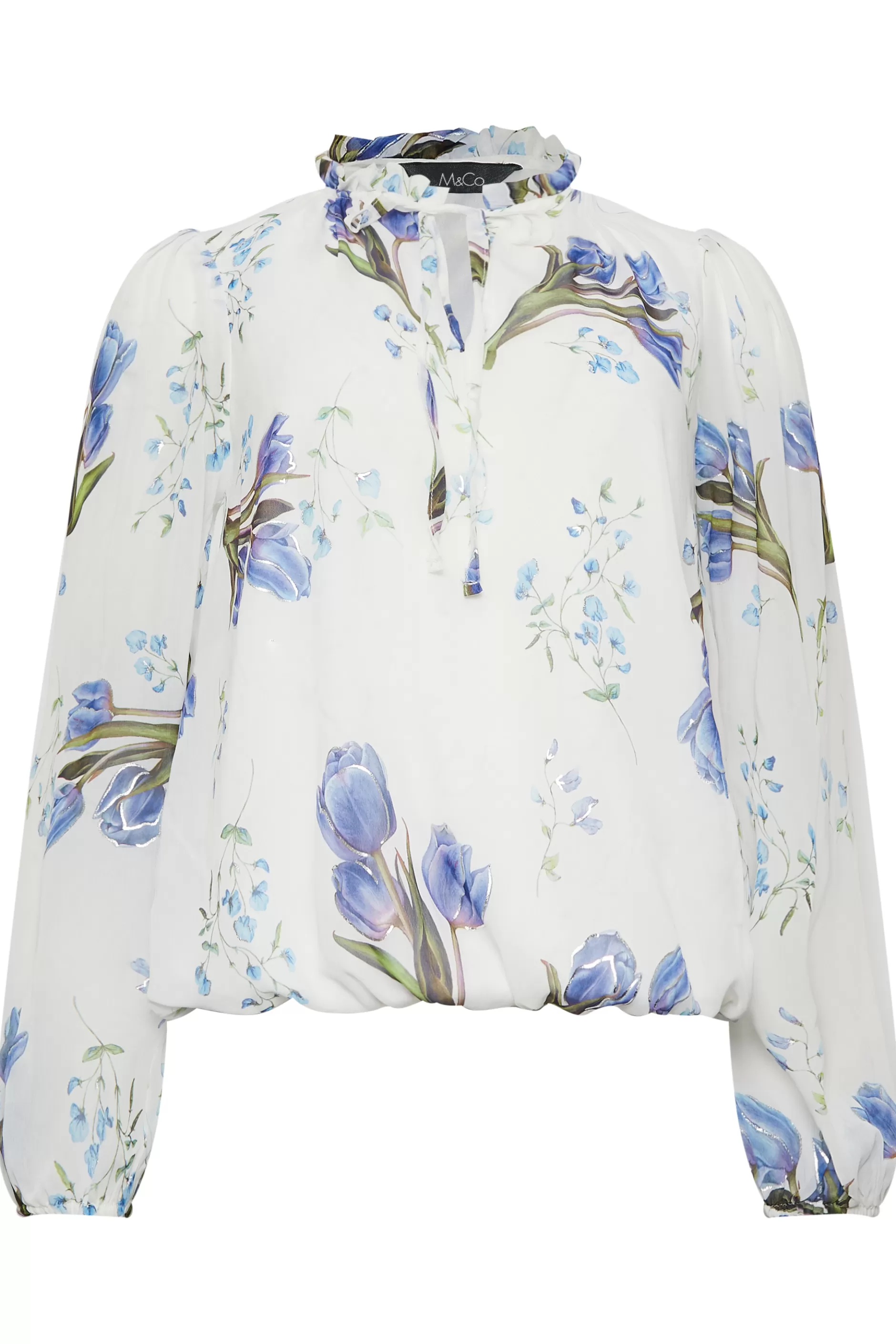 Women M&Co Blouses> Womens White Floral Print Tie Neck Blouse