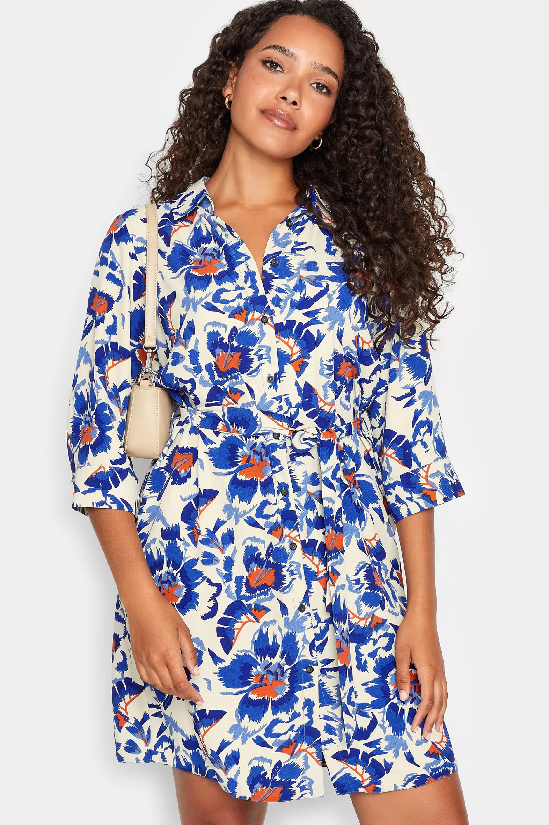 Women M&Co Shirt Dresses> Womens White Floral Print Tie Tunic Shirt Dress