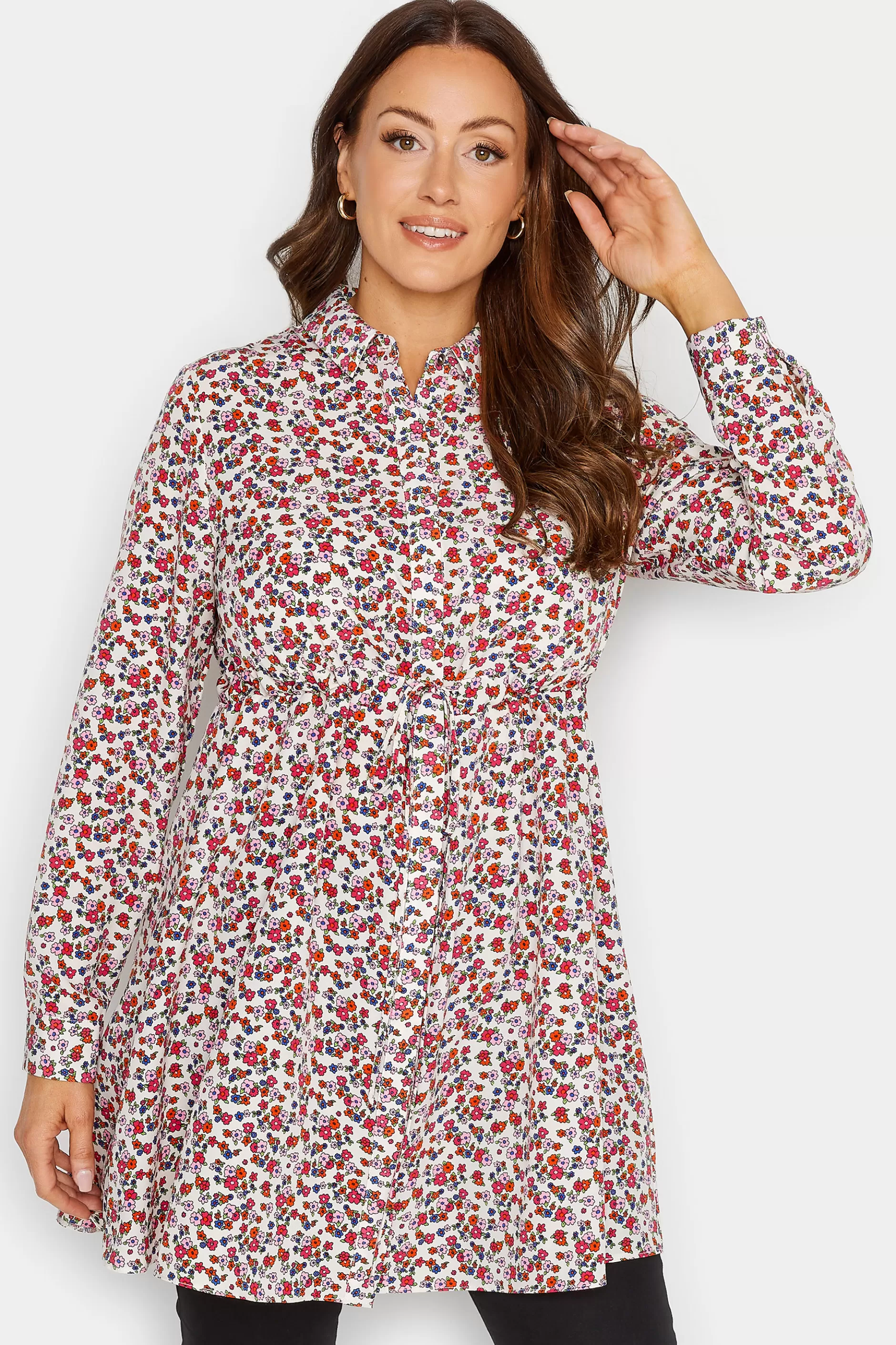 Women M&Co Shirts> Womens White Floral Print Tie Waist Tunic Shirt