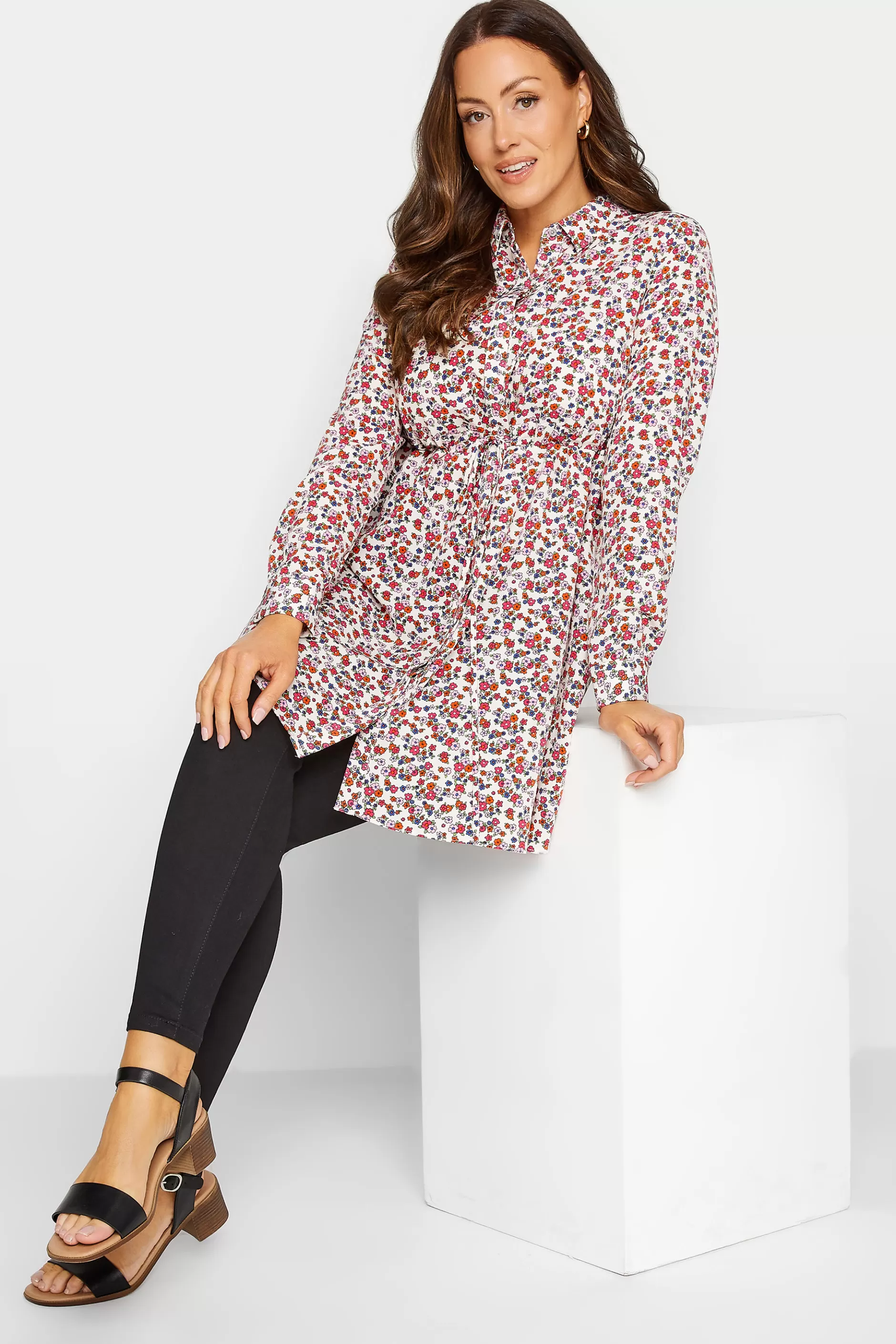 Women M&Co Shirts> Womens White Floral Print Tie Waist Tunic Shirt