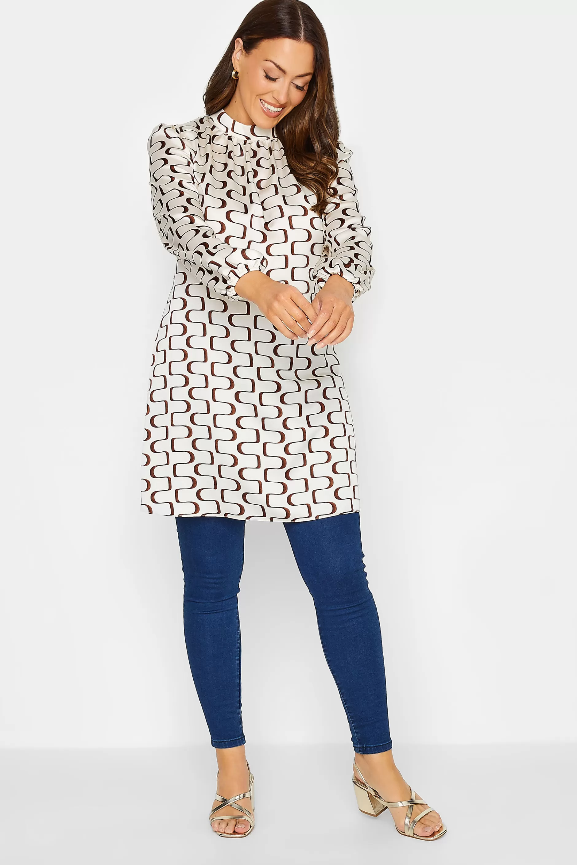 Women M&Co Shirts> Womens White Ivory Geometric Print High Neck Tunic Blouse