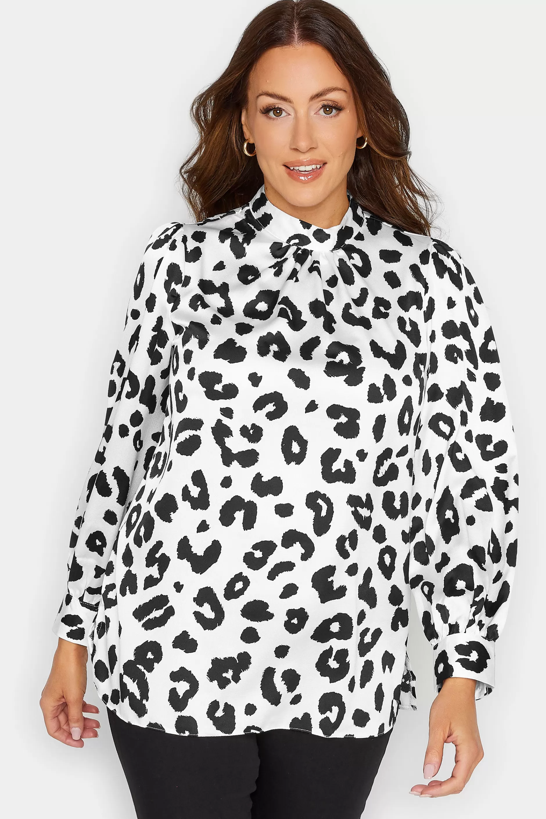 Women M&Co Long Sleeve Tops> Womens White Leopard Print High Neck Satin Blouse