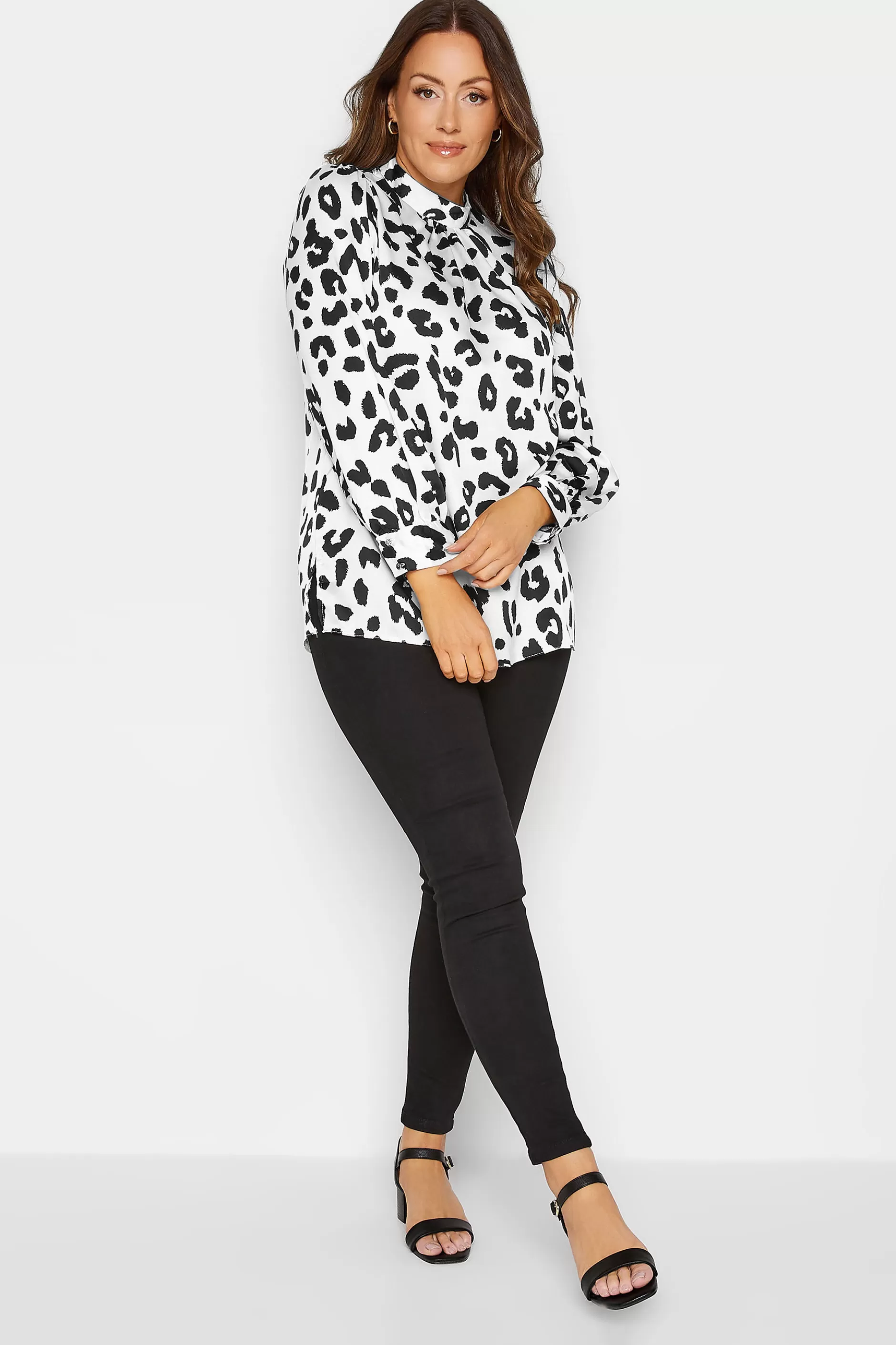 Women M&Co Long Sleeve Tops> Womens White Leopard Print High Neck Satin Blouse