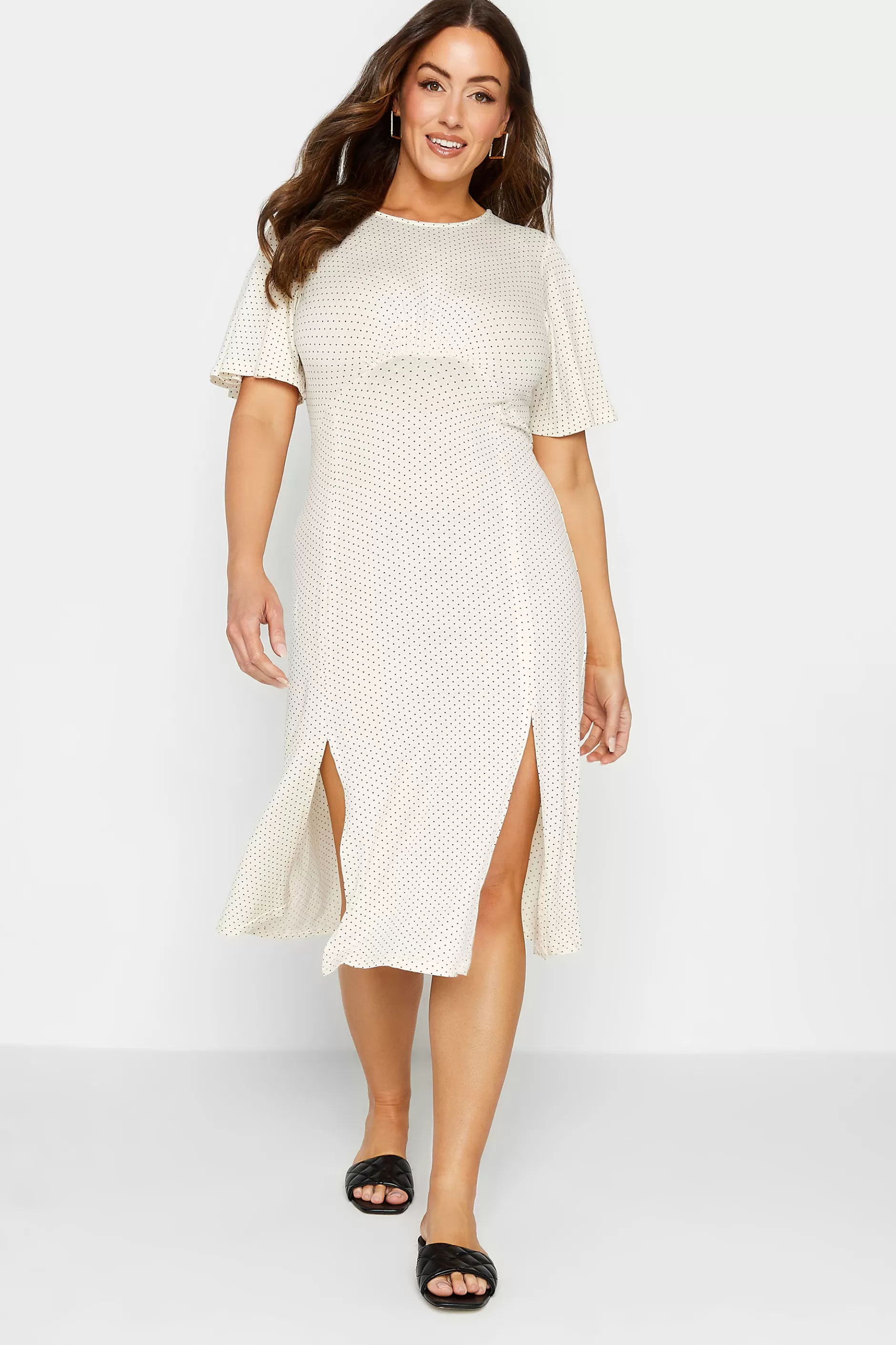 Women M&Co Midi Dresses> Womens White Polka Dot Print Angel Sleeve Split Hem Midi Dress