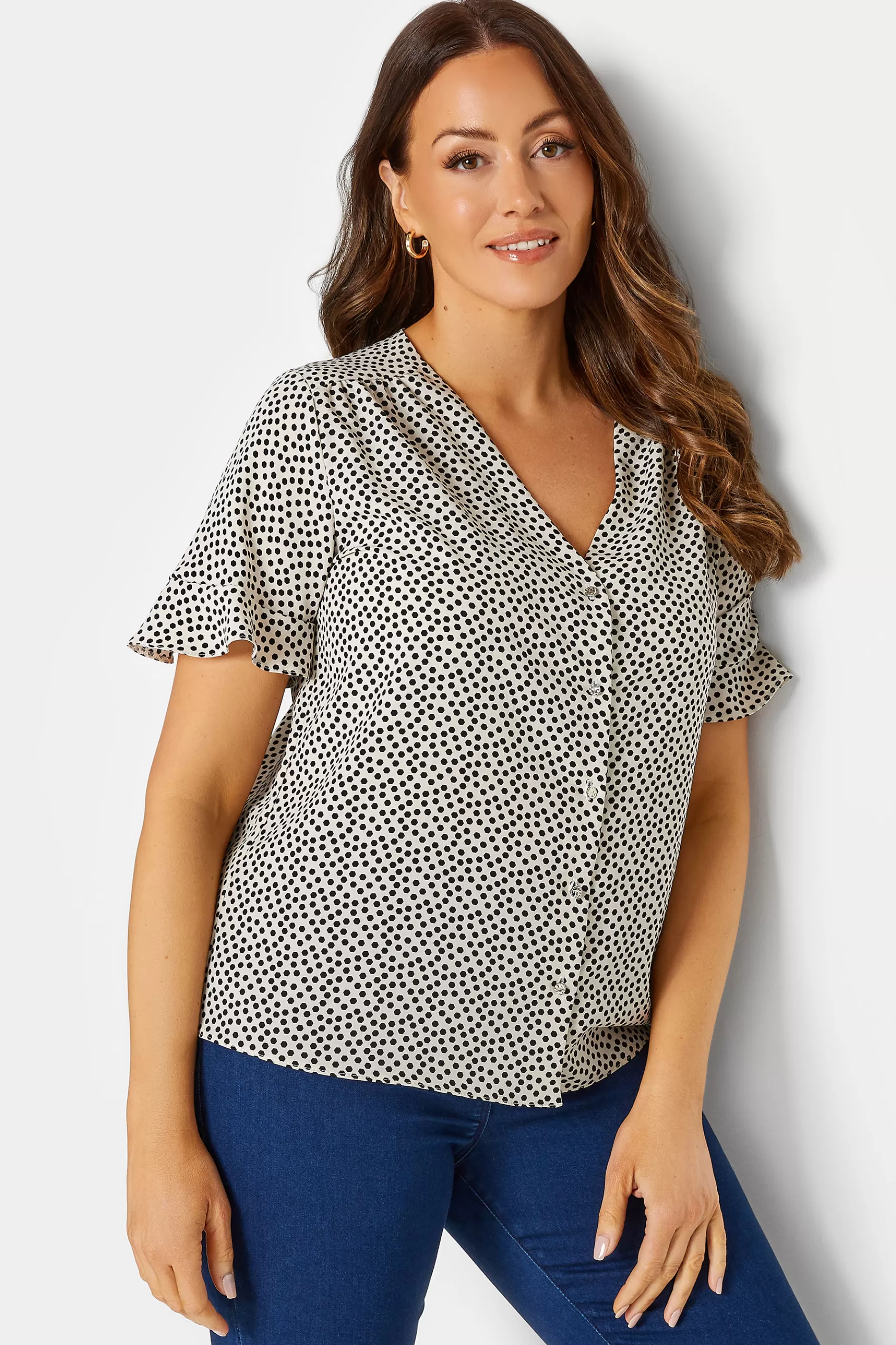 Women M&Co Short Sleeve Tops> Womens White Spot Print Frill Sleeve Button Through Blouse